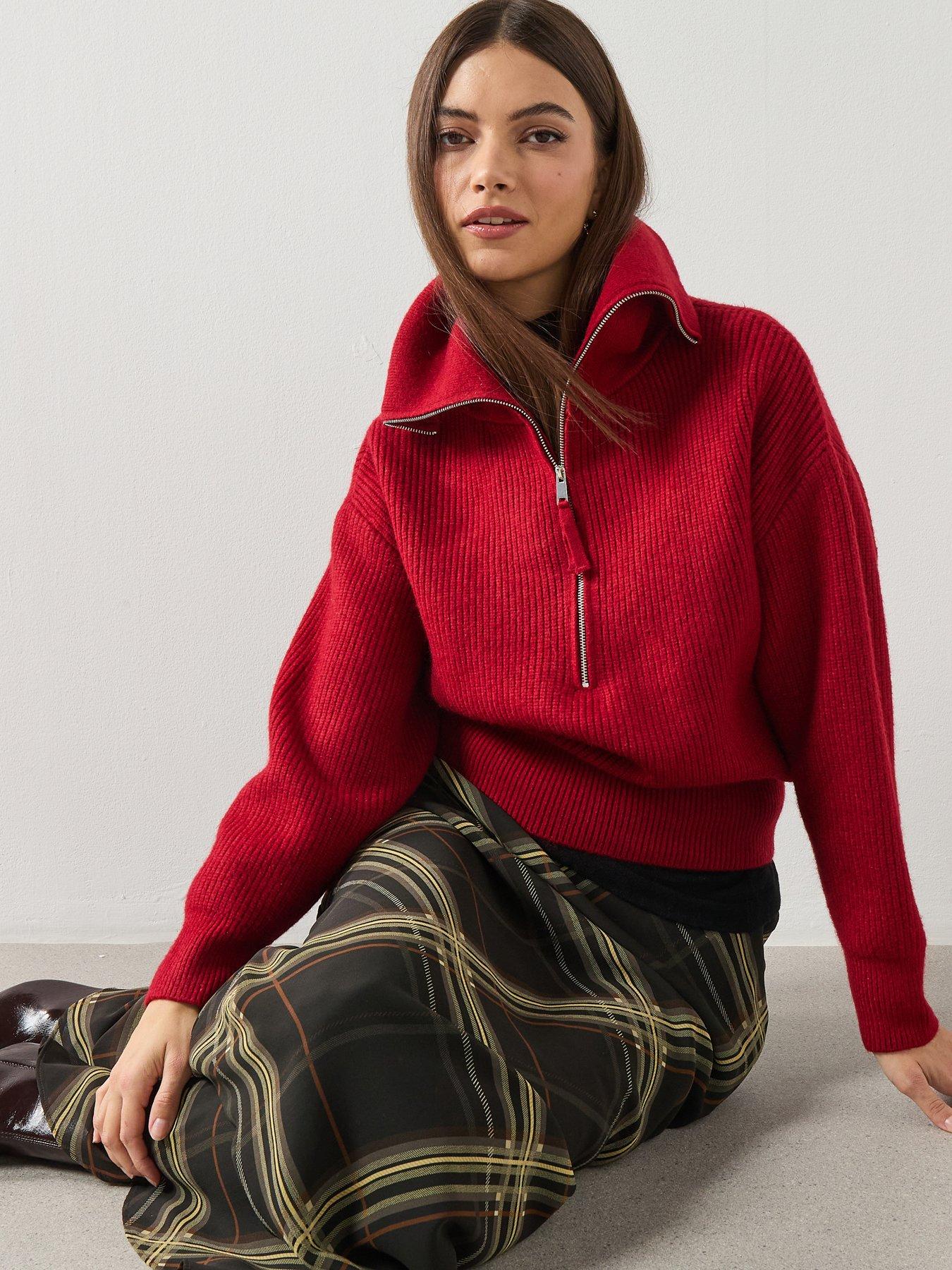 Mango Sweater With Funnel Neck And Zip - Burgundy