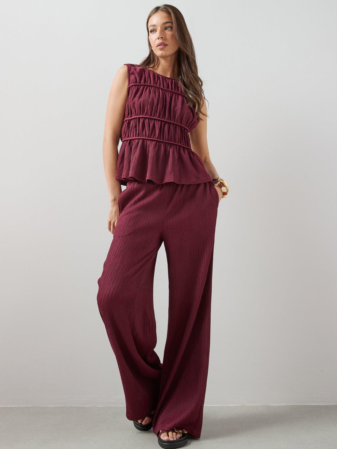 Image 1 of 7 of The Very Collection Texture Wide Leg Trouser Co-Ord - Red