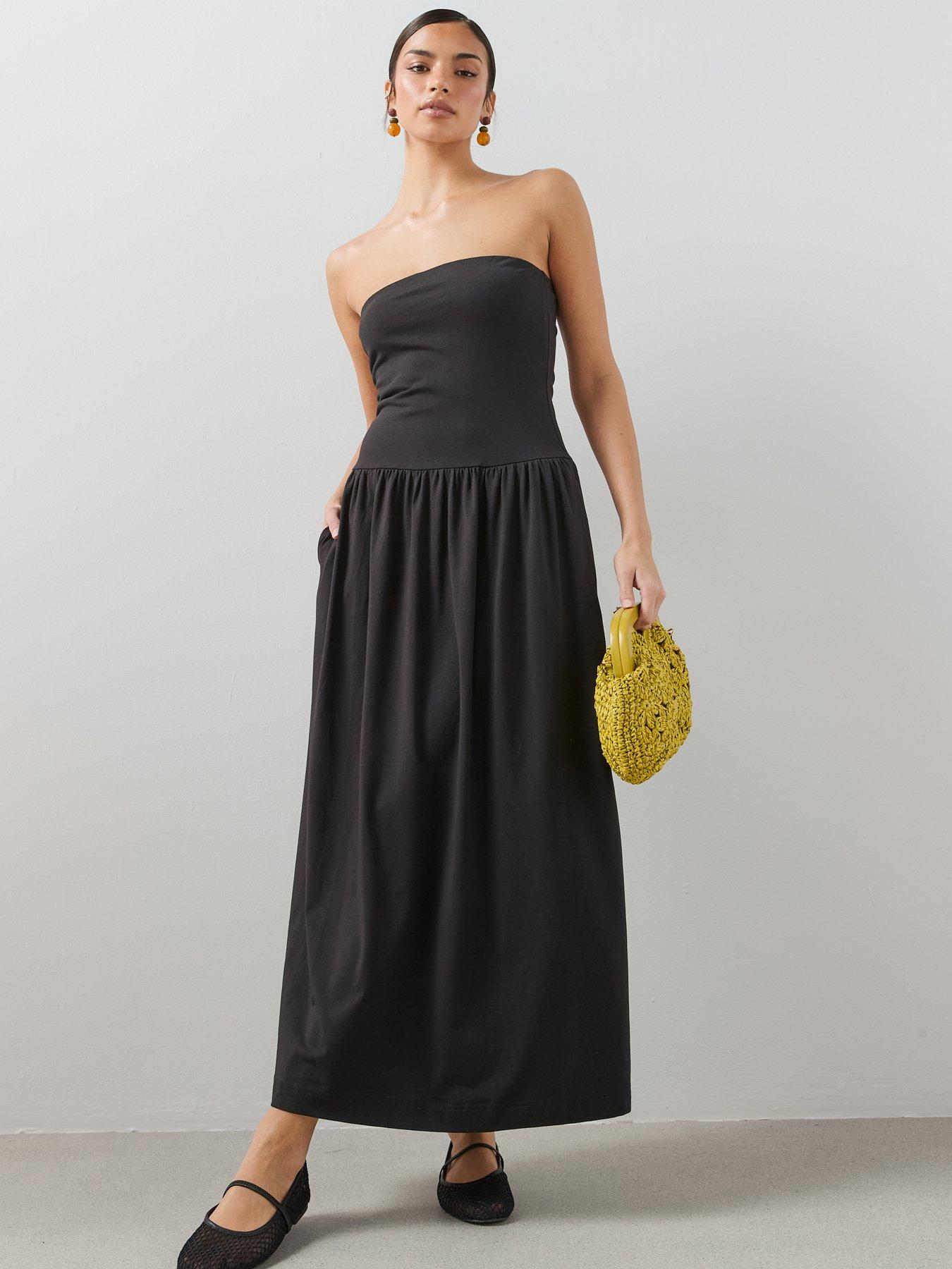 Image 1 of 7 of The Very Collection Bandau Cotton Midaxi Dress With Pockets - Black