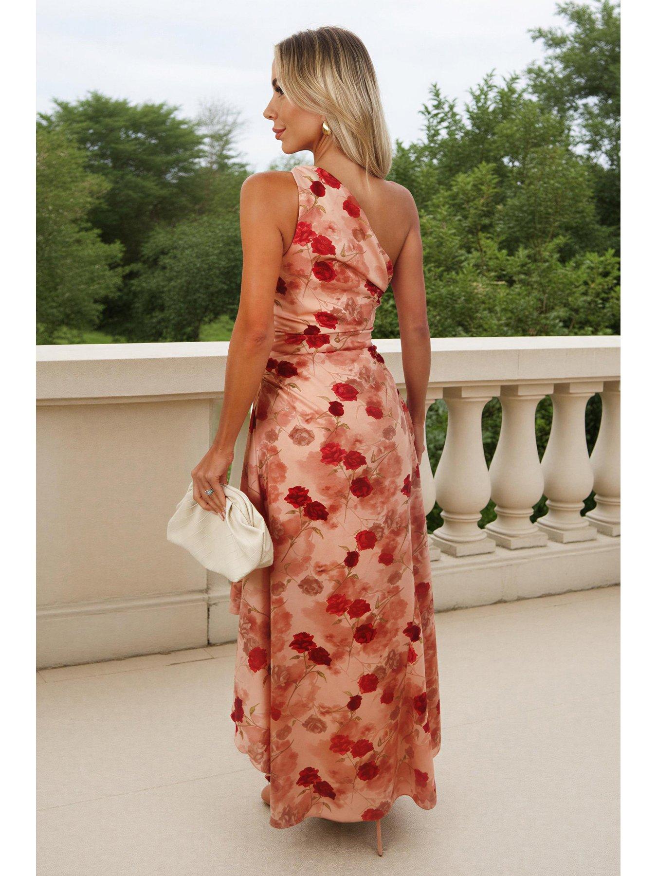 ax paris one shoulder dress pink floral one shoulder dress Pink Floral One Shoulder Frill Detail Dipped  Hem Dress  AX Paris