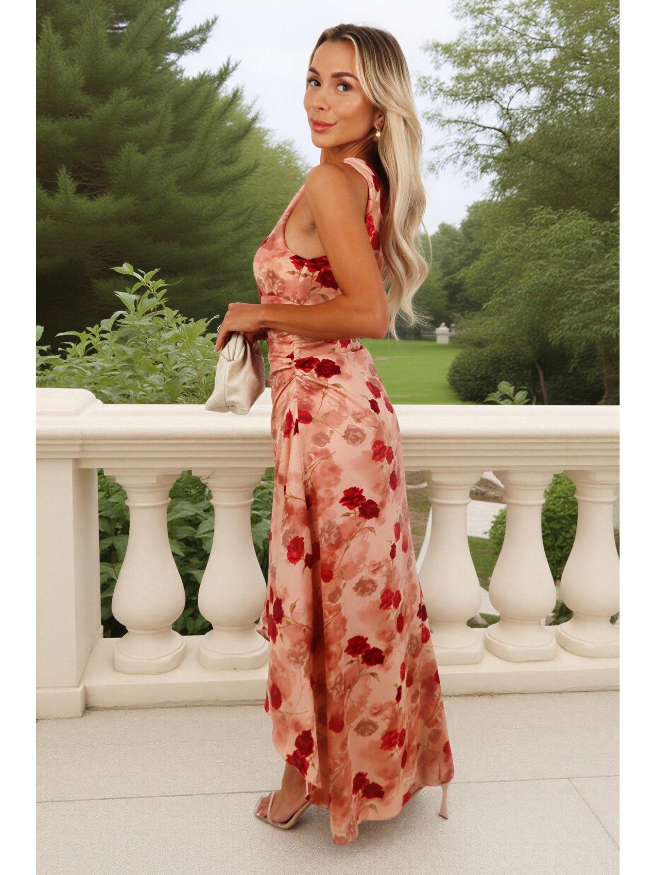 strapless open back dress Orange And Pink Floral Print V Neck Cut Out Knot Detail Midi Dress – AX  Paris US main image 1