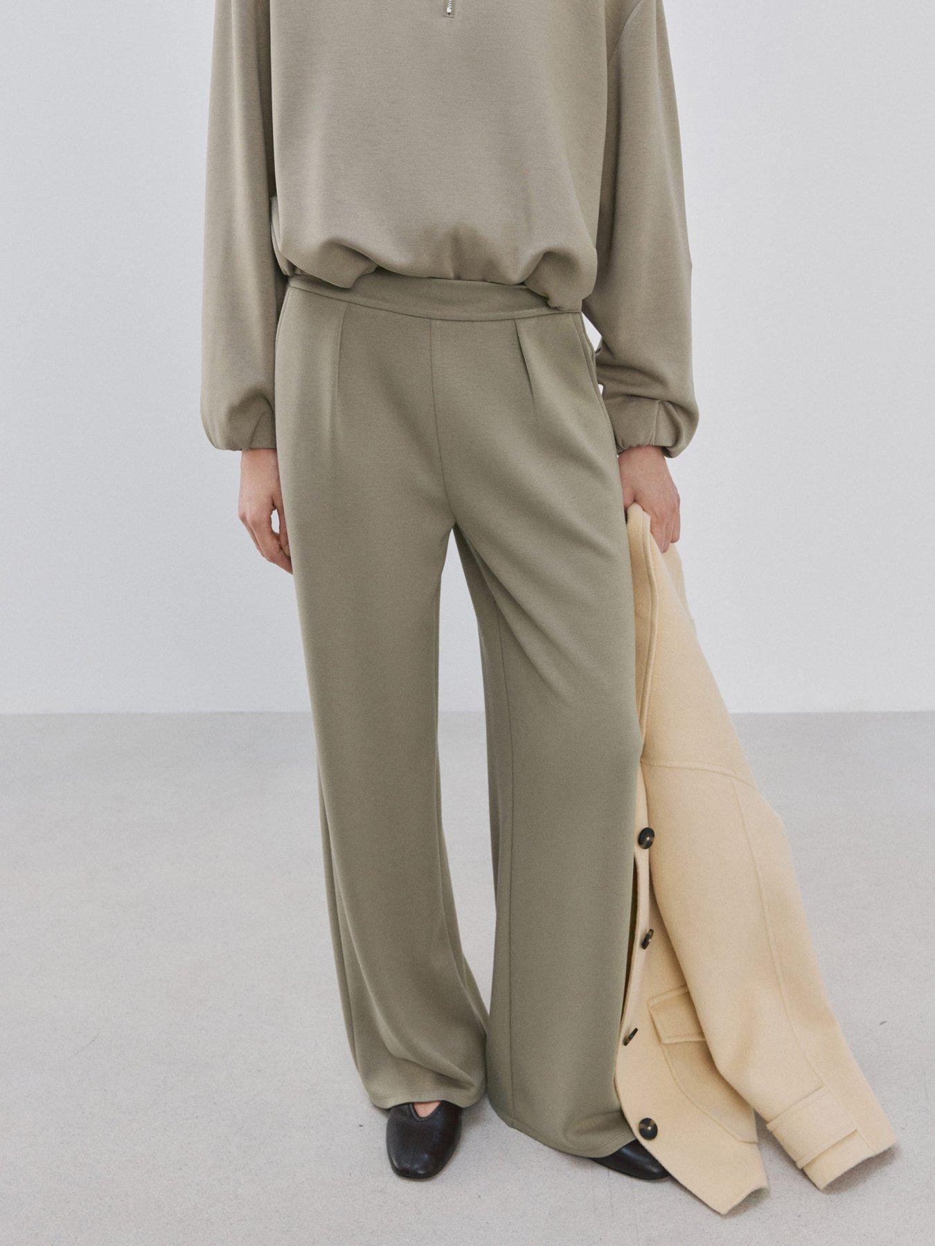 Image 1 of 6 of Mango Straight-Fit Trousers With Elastic Waist - Khaki