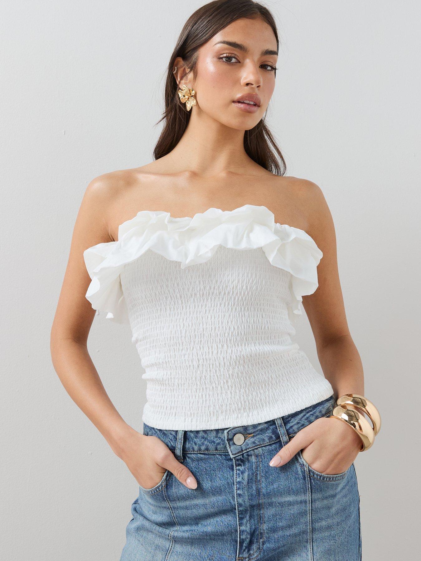 The Very Collection Bandeau Shirred Frill Top - White
