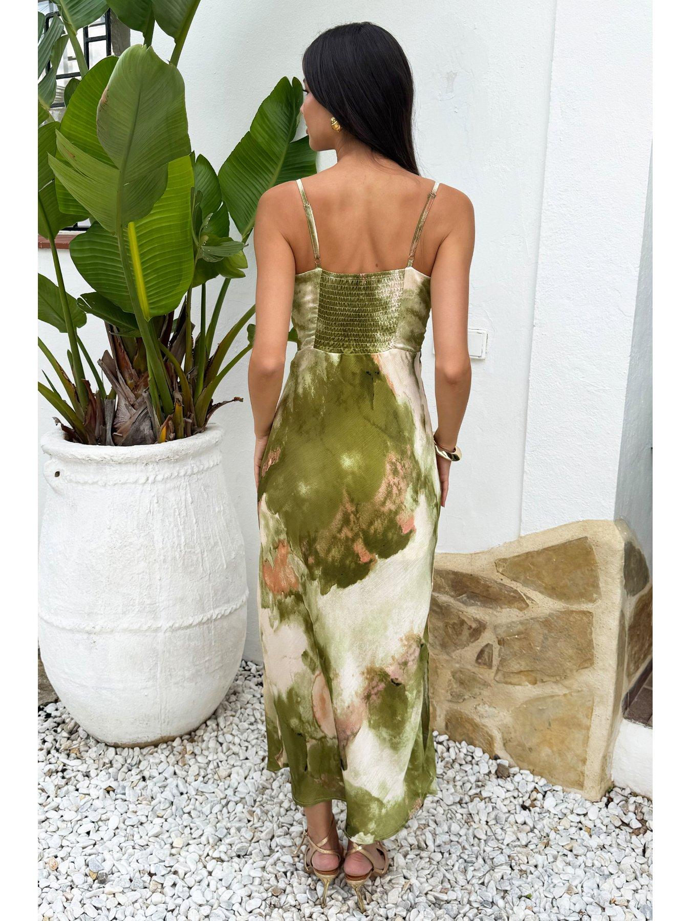 Image 2 of 4 of AX Paris Marble Print Strappy Slip Midi Dress - Lime