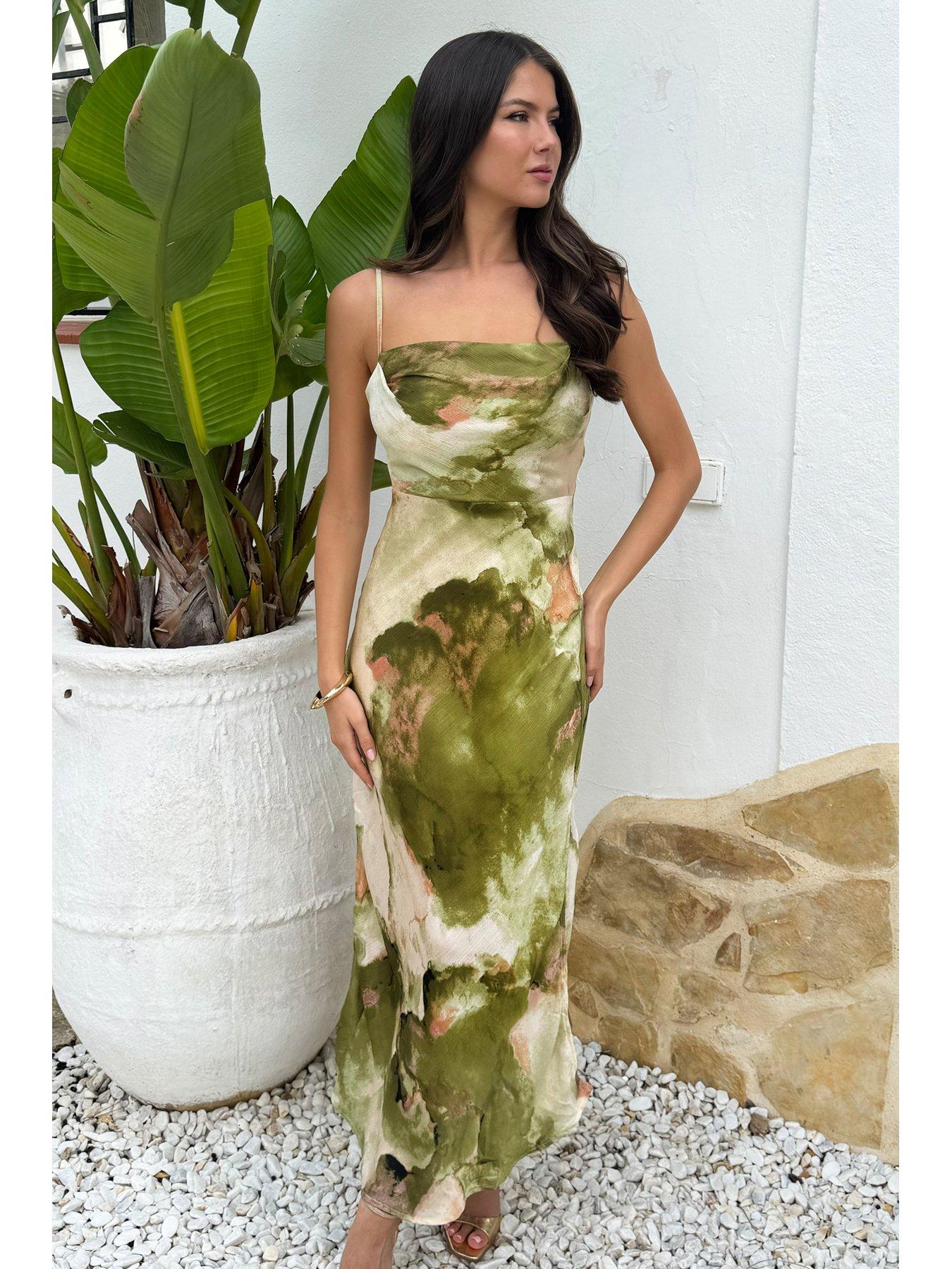 Image 3 of 4 of AX Paris Marble Print Strappy Slip Midi Dress - Lime
