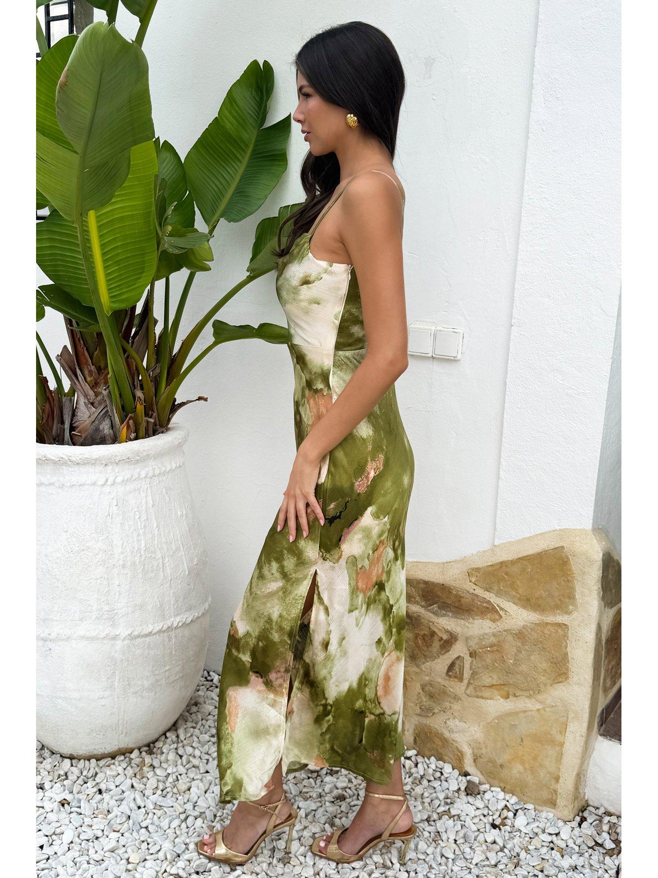 Image 4 of 4 of AX Paris Marble Print Strappy Slip Midi Dress - Lime