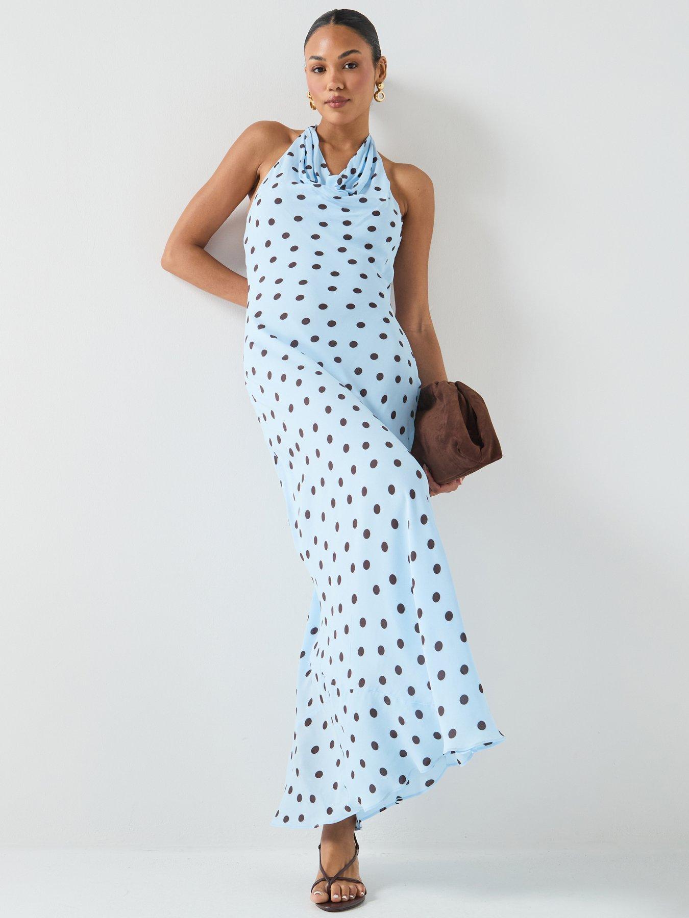 Image 1 of 6 of Forever New Polka Dot Cowl Neck Midi Dress - Blue