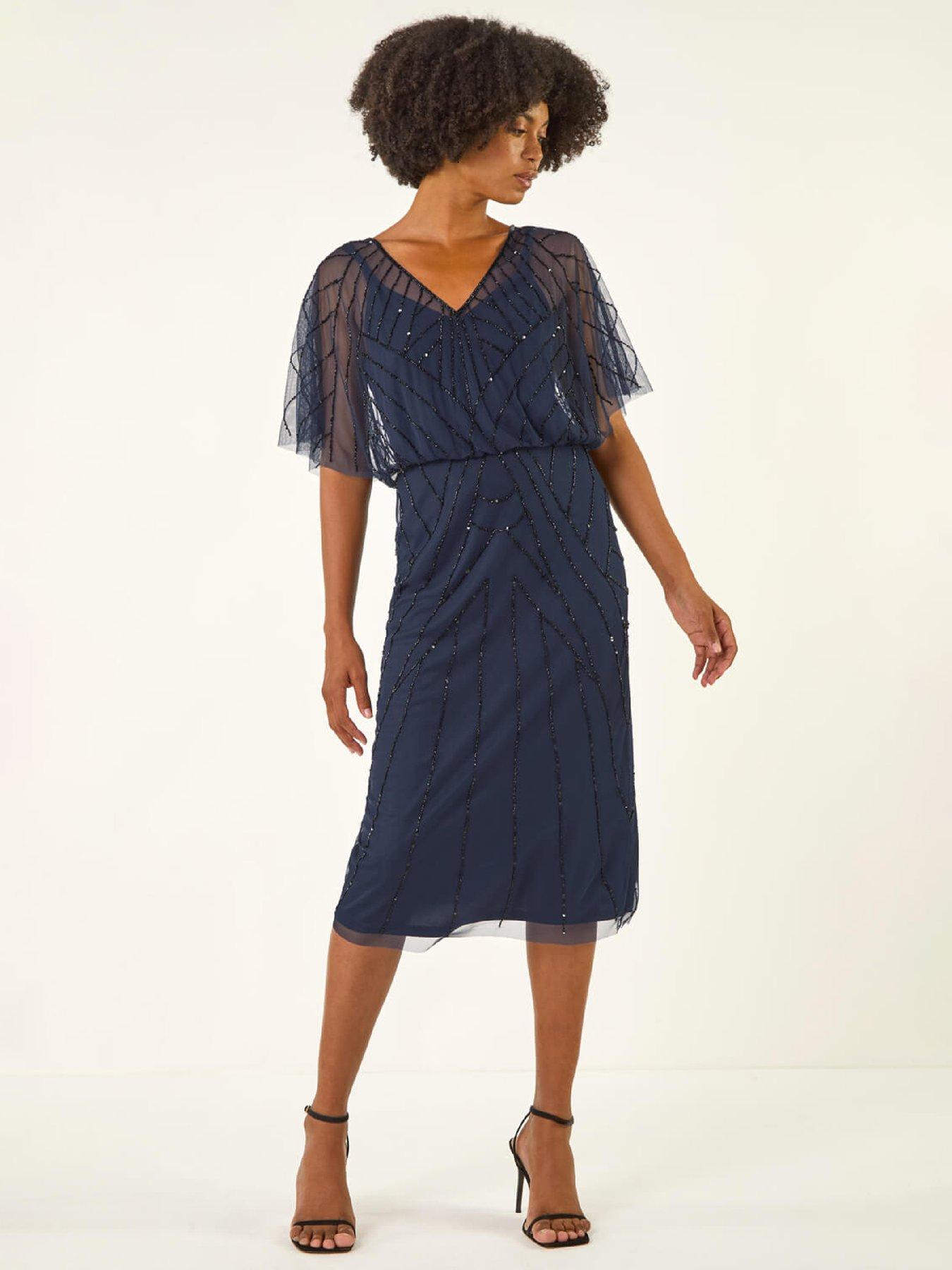 sachin and babi light blue dress Roman Embellished V-neck Midi Dress - Midnight Blue