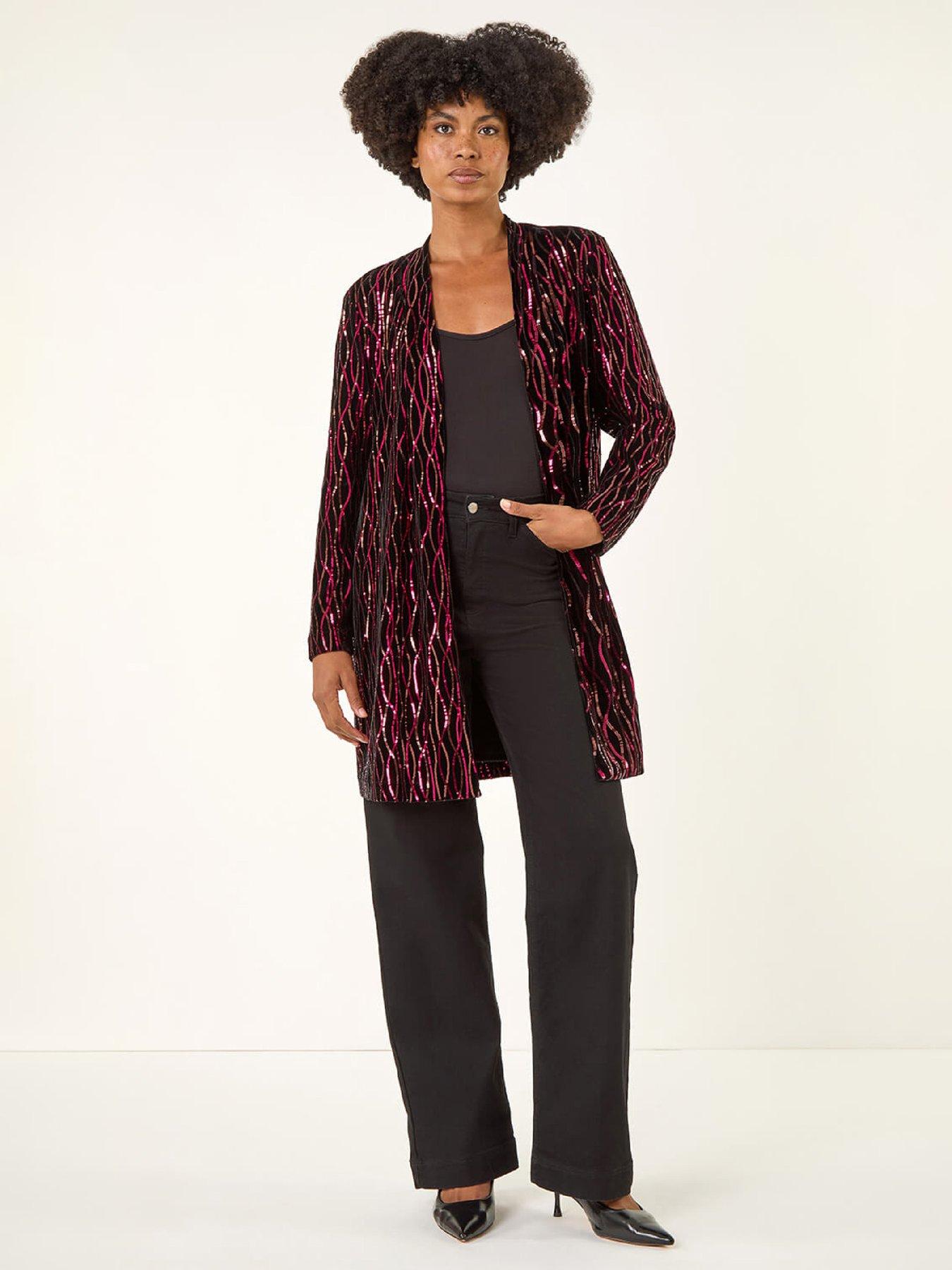 Roman Sequin Velvet Longline Jacket - Fuchsia