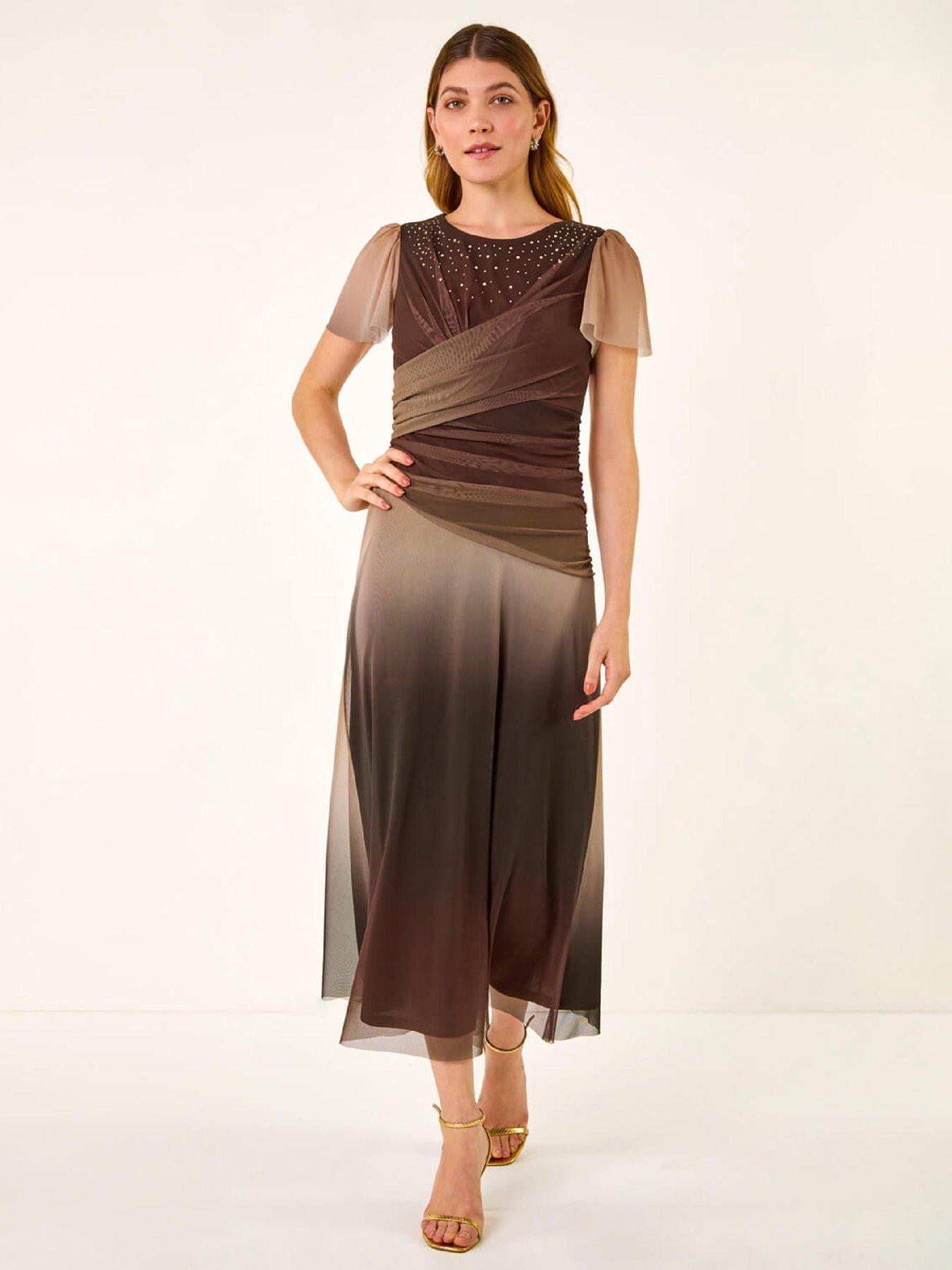 Roman Embellished Ombre Mesh Midi Dress - Brown