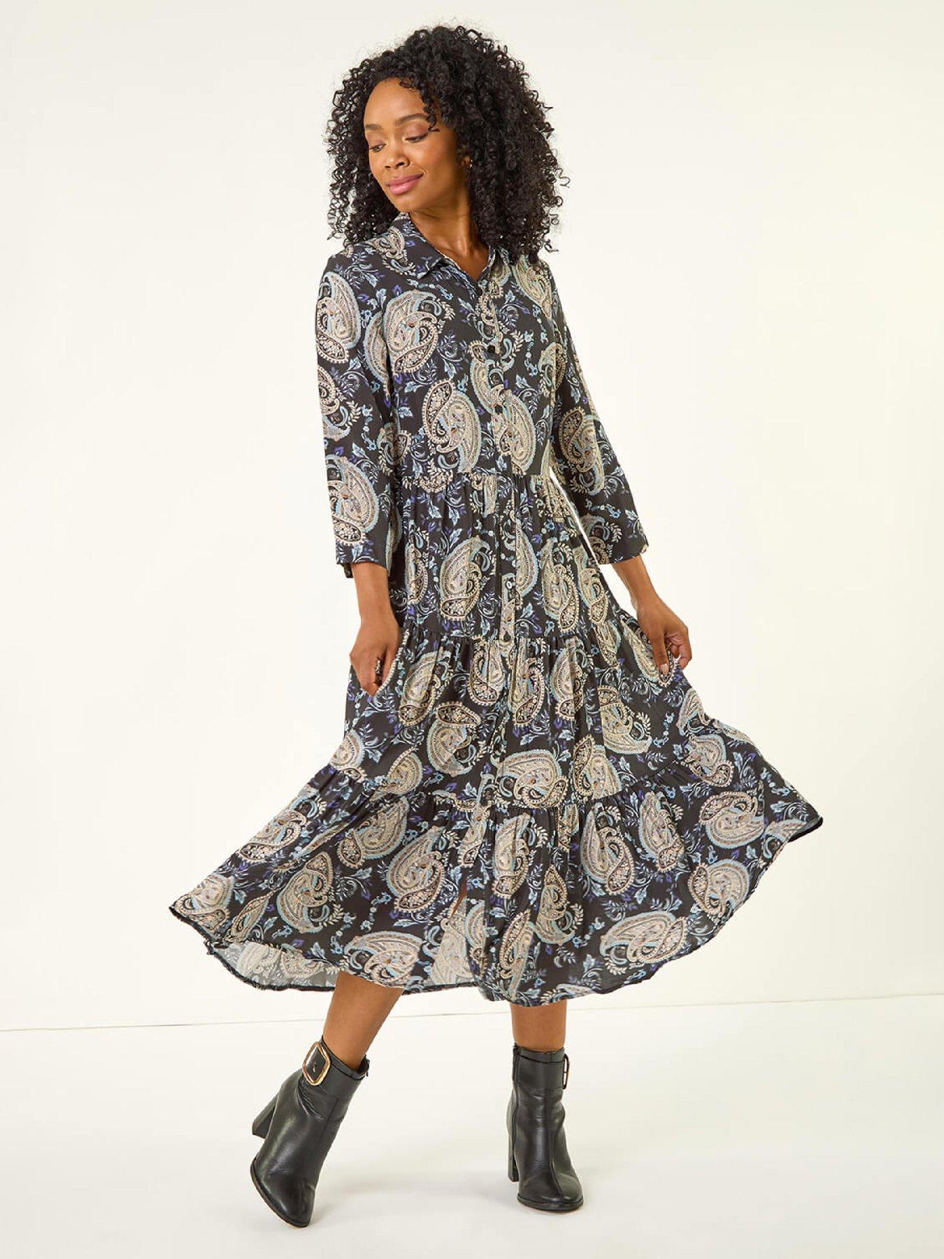Roman Petite Paisley Print Tiered Midi Dress - Black