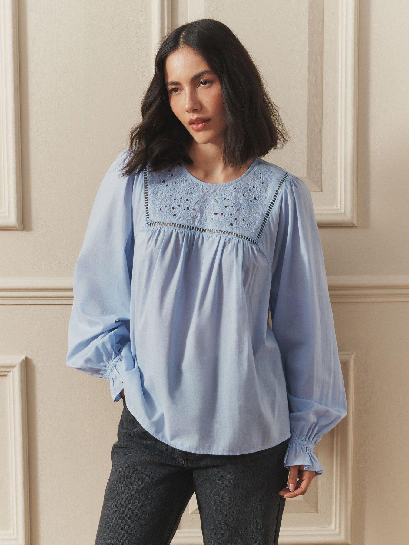 Laura Ashley Embroidered Balloon Sleeve Blouse - Light Blue | Very