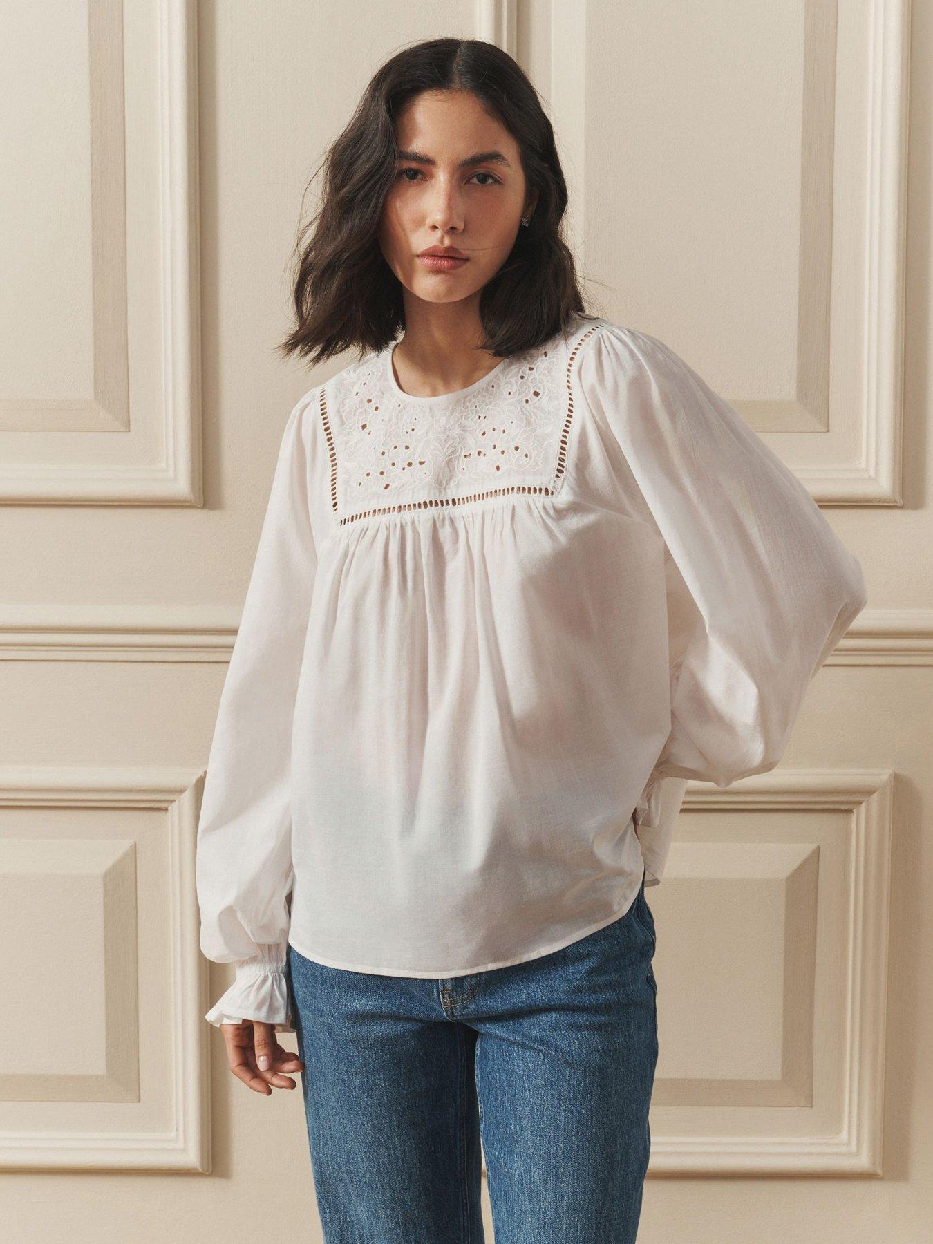Laura Ashley Embroidered Balloon Sleeve Blouse - White