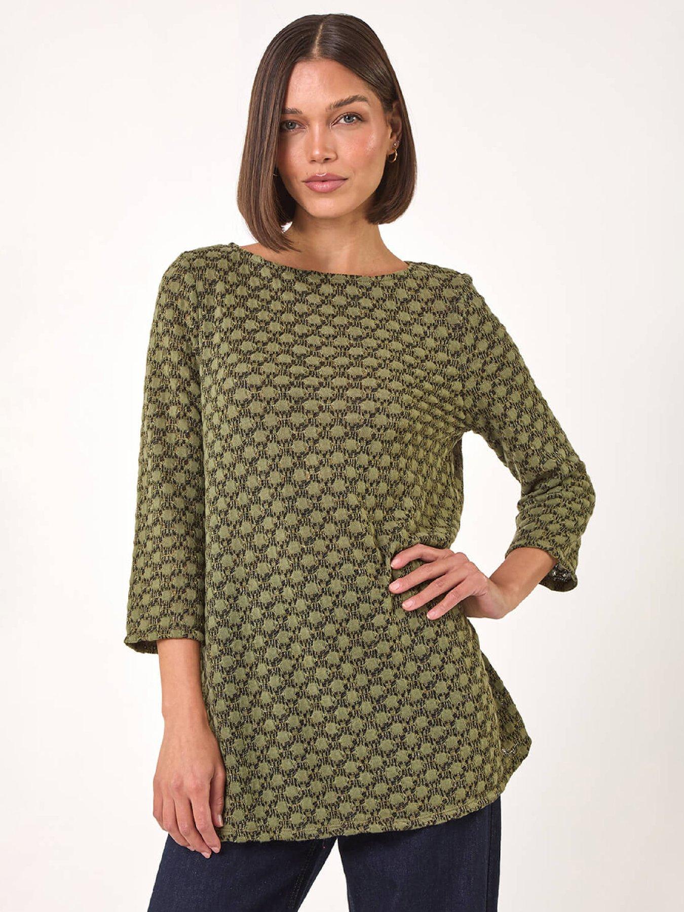 Roman Metallic Textured Knit Tunic Top - Khaki