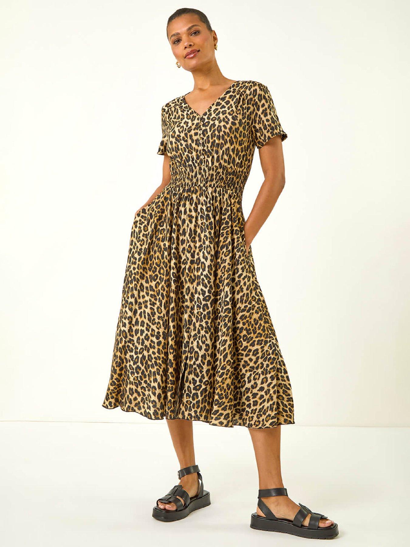 Roman Animal Print Shirred Midi Dress - Tan