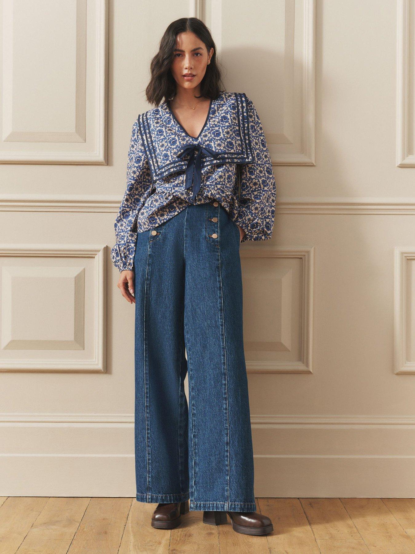 Image 1 of 7 of Laura Ashley Button Up Front Jeans - Navy