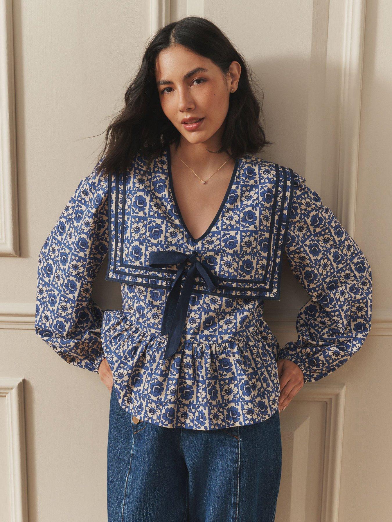 Laura Ashley: Beeton Sailor Collar Blouse - Navy