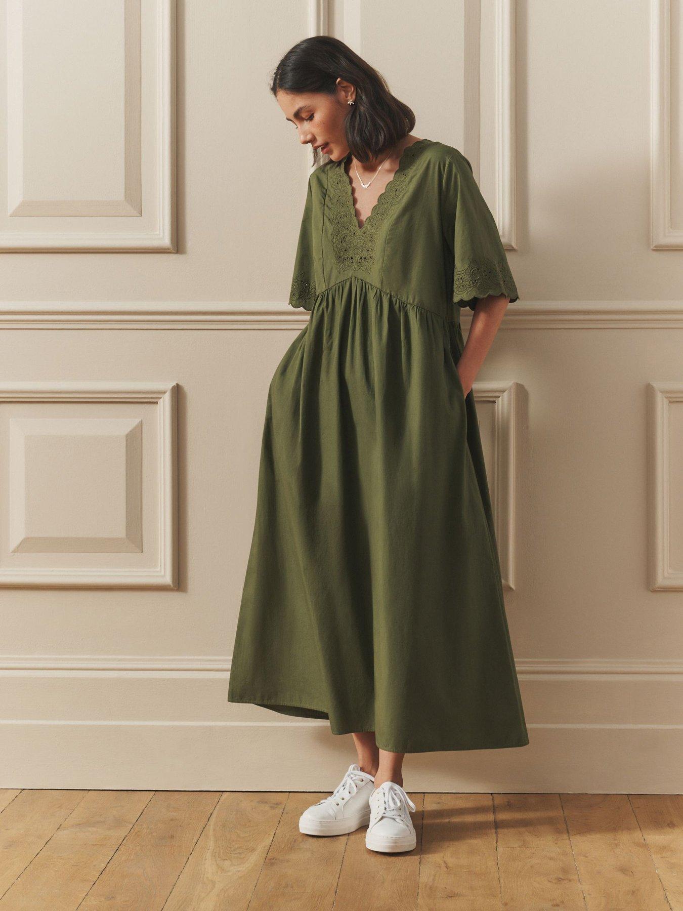 Laura Ashley: Broderie Cotton Midi Dress - Blue