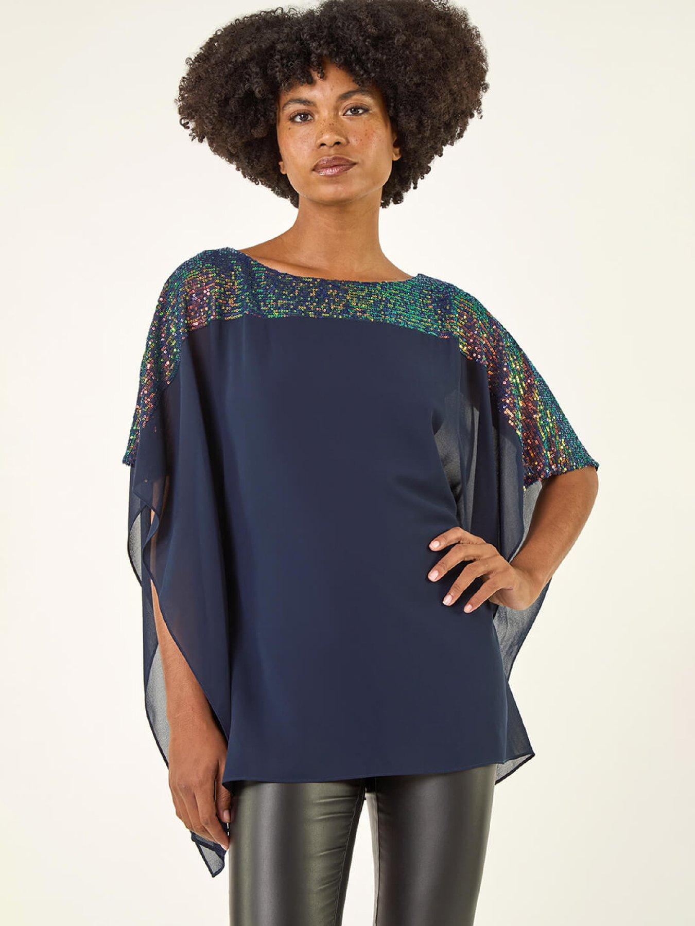 Roman Sequin Yoke Contrast Chiffon Top - Navy