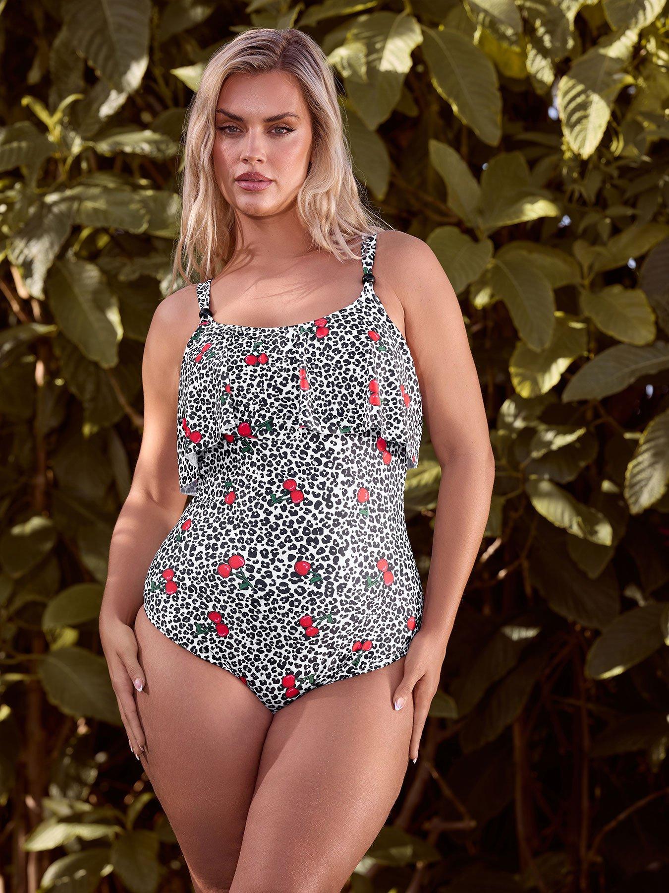 Yours Curve Cherry Leopard Frill Swimsuit