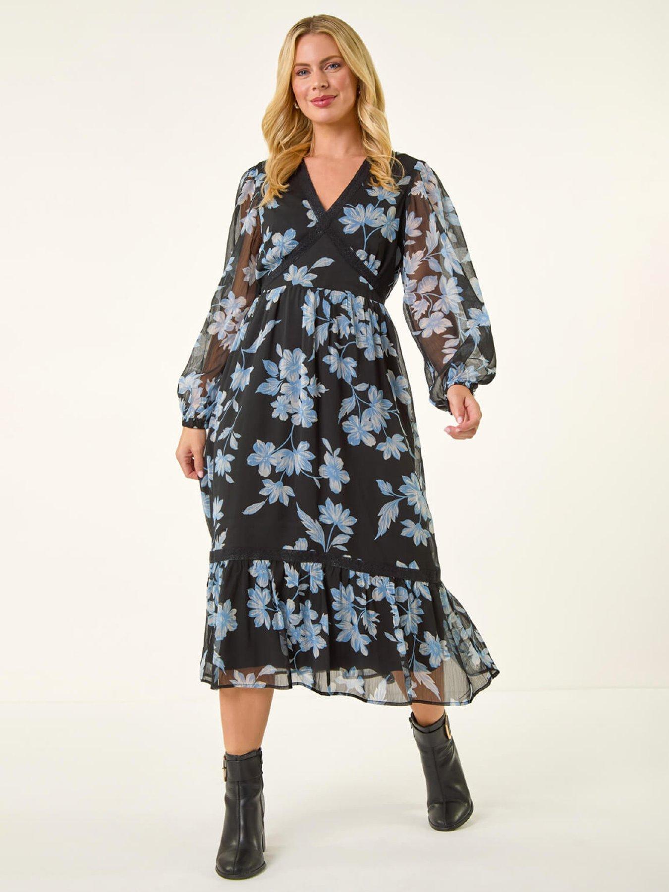Roman Petite Floral Print Trim Midi Dress - Black