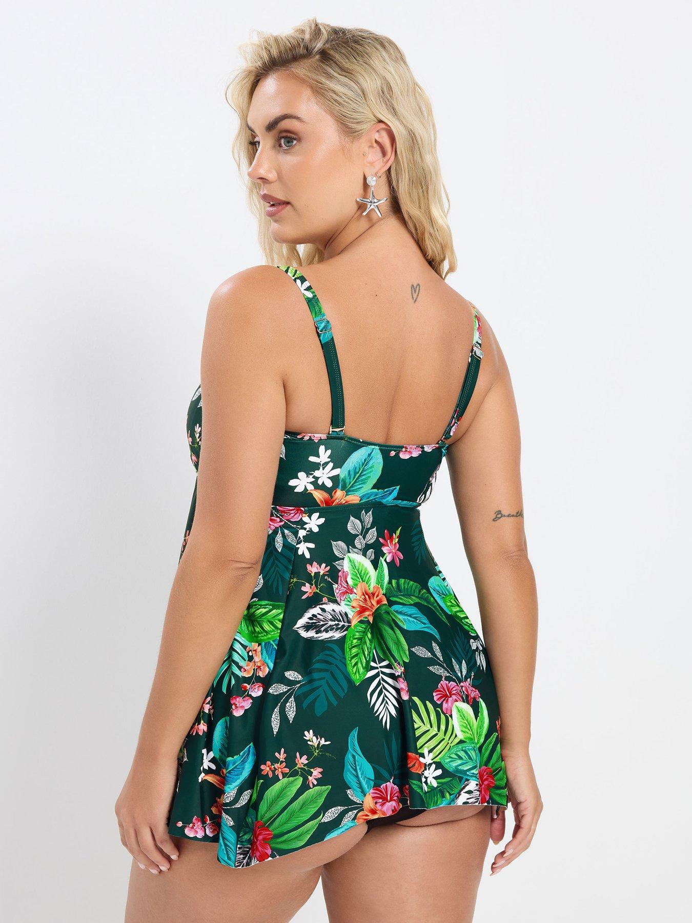 Image 2 of 6 of Yours Curve Multi Tropical Hanky Hem Tankini Top