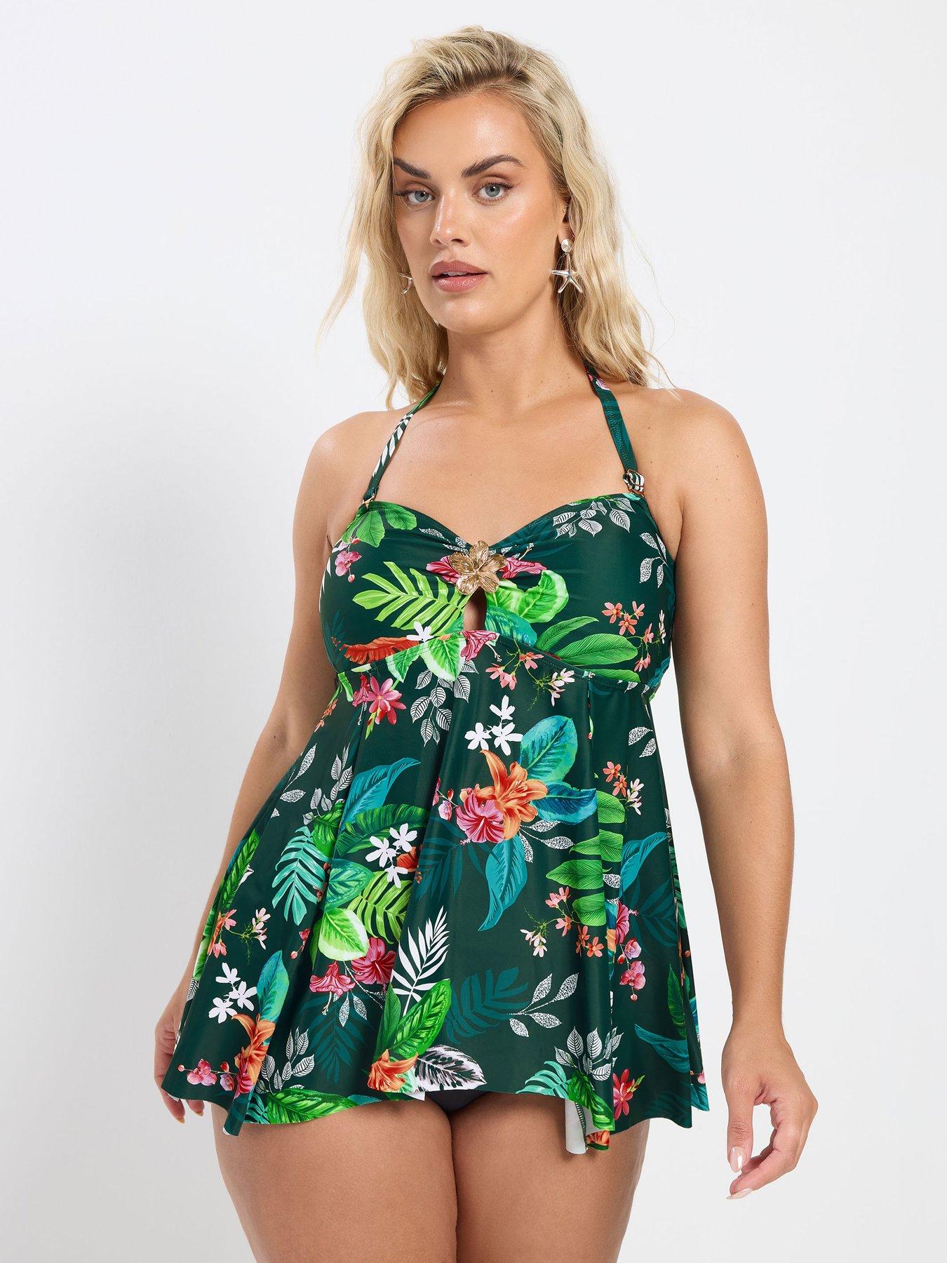 Image 4 of 6 of Yours Curve Multi Tropical Hanky Hem Tankini Top
