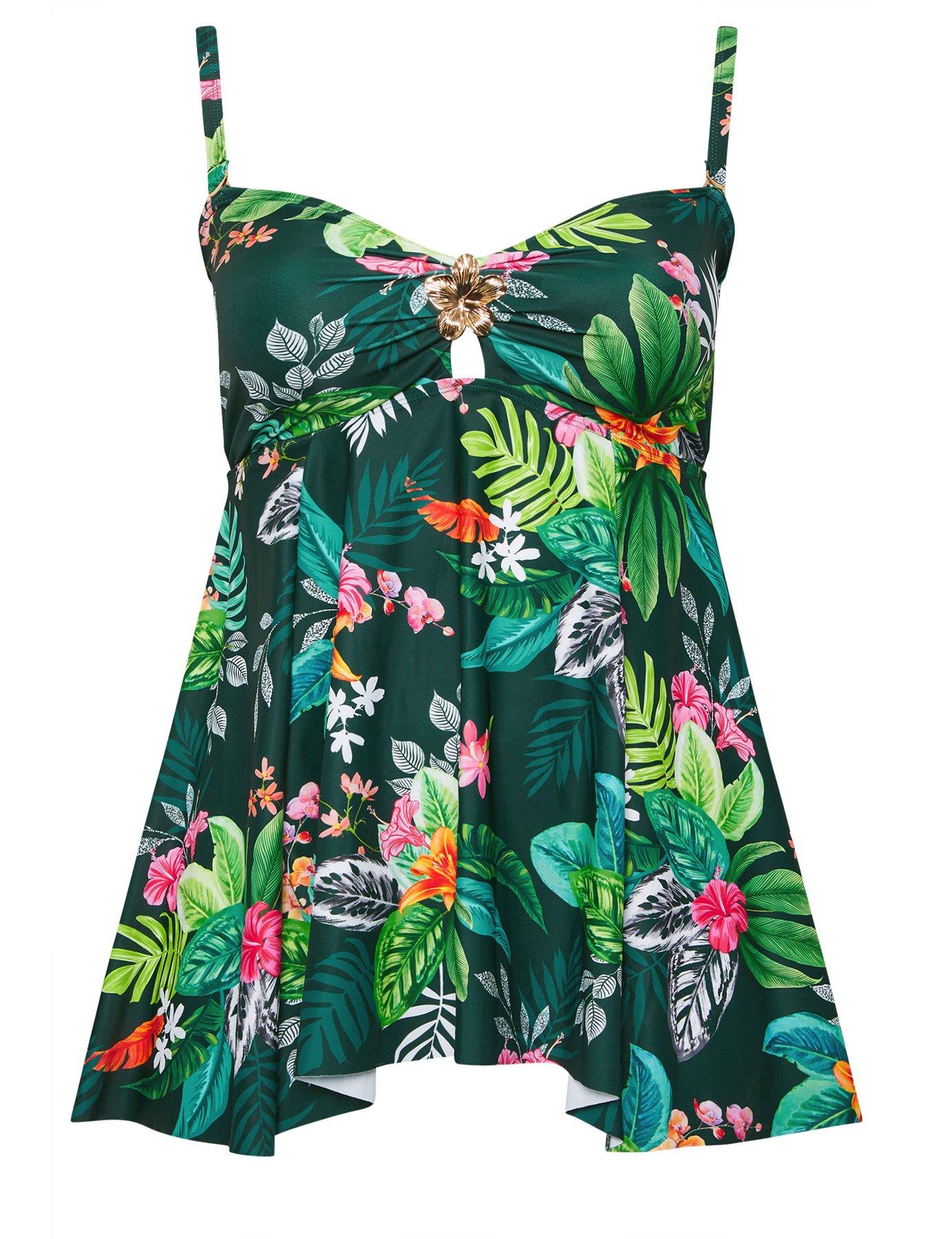 Image 6 of 6 of Yours Curve Multi Tropical Hanky Hem Tankini Top