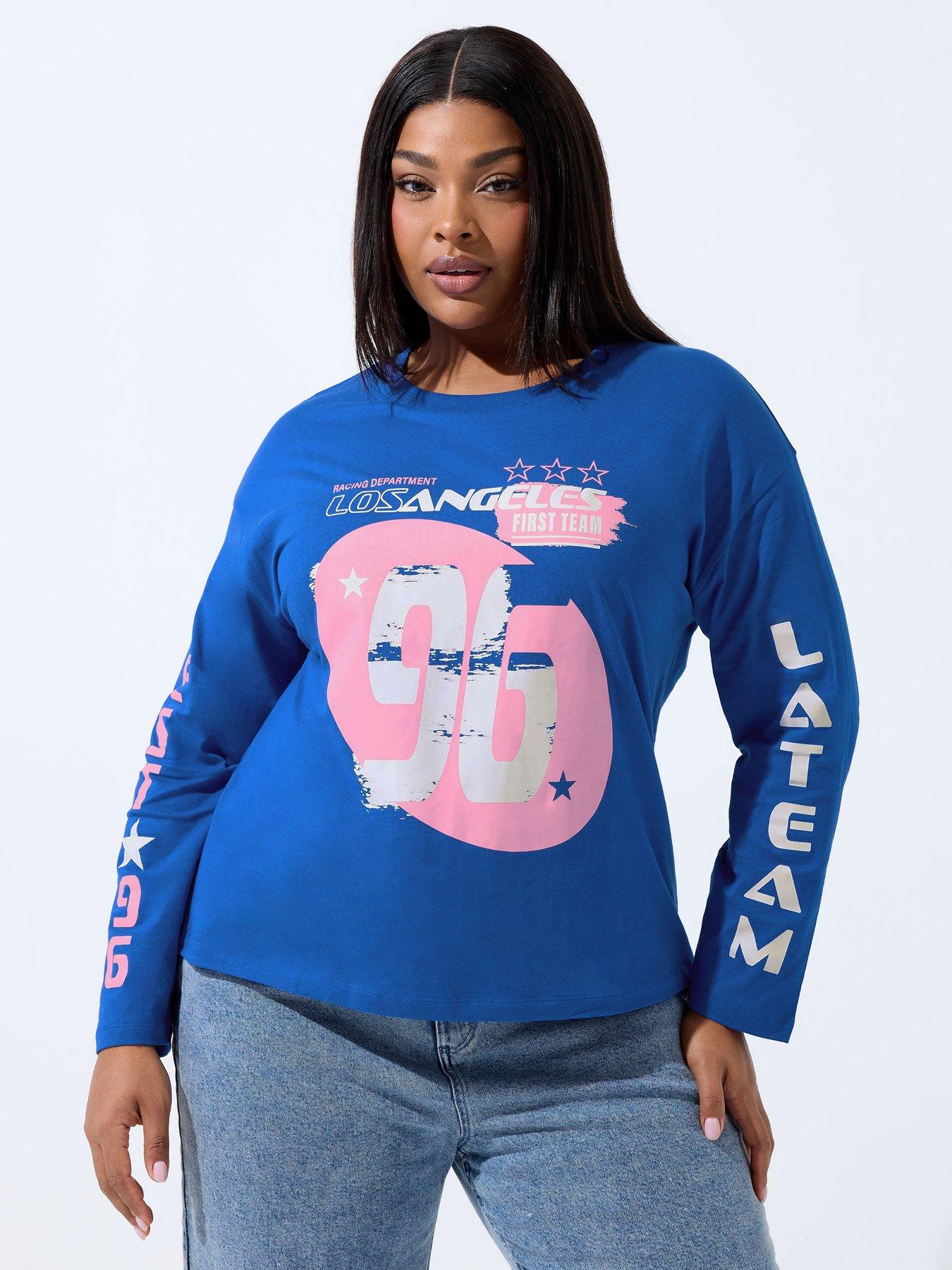 Yours Curve Sport Long Sleeve Boxy T-Shirt - Blue