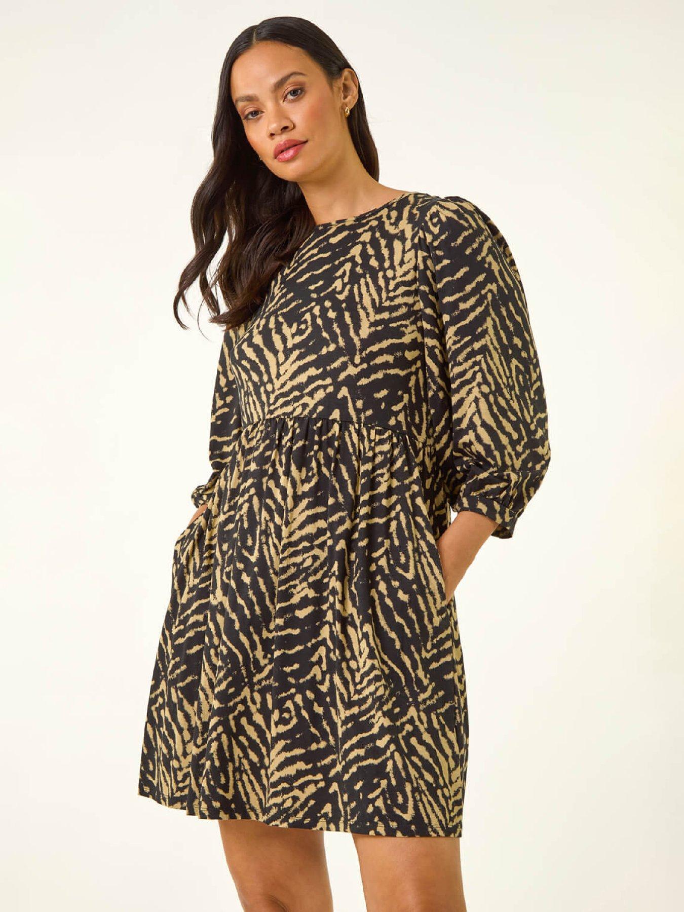 Roman Dusk Abstract Puff Sleeve Midi Dress - Black