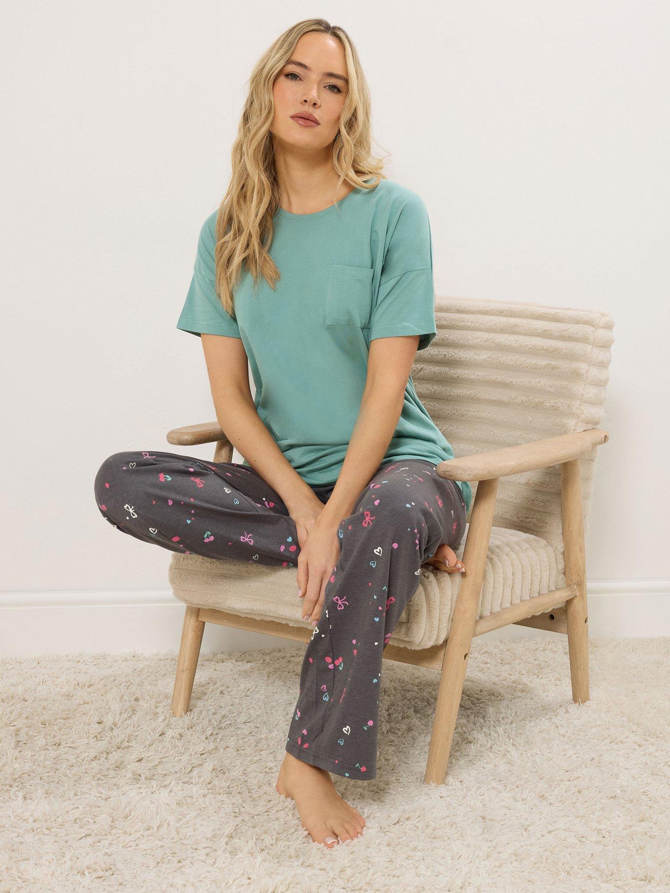 Long Tall Sally Cherry Convo Short Sleeve Wide Leg Pyjama Set - Green