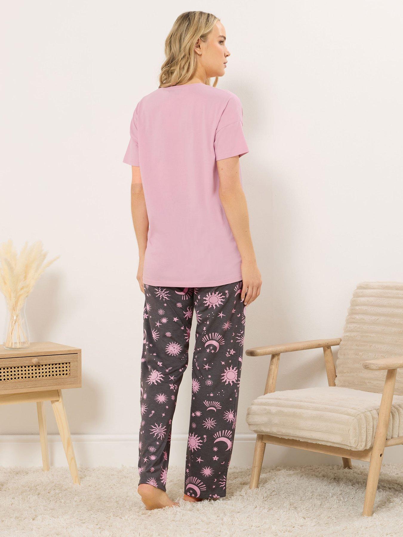 Image 2 of 6 of Long Tall Sally 'Weekend Dreaming' Short Sleeve Wide Leg Pyjama Set - Pink