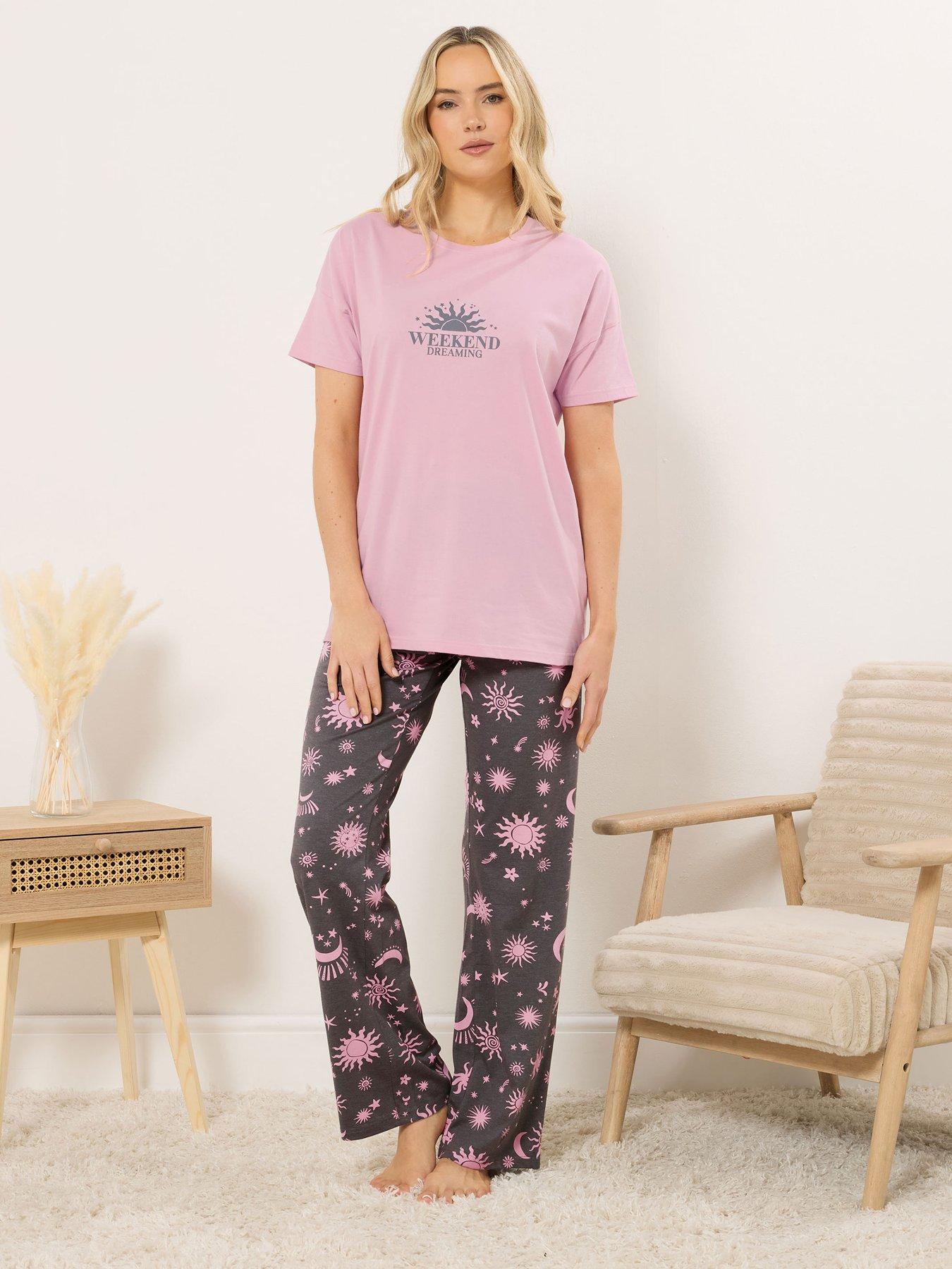 Image 4 of 6 of Long Tall Sally 'Weekend Dreaming' Short Sleeve Wide Leg Pyjama Set - Pink