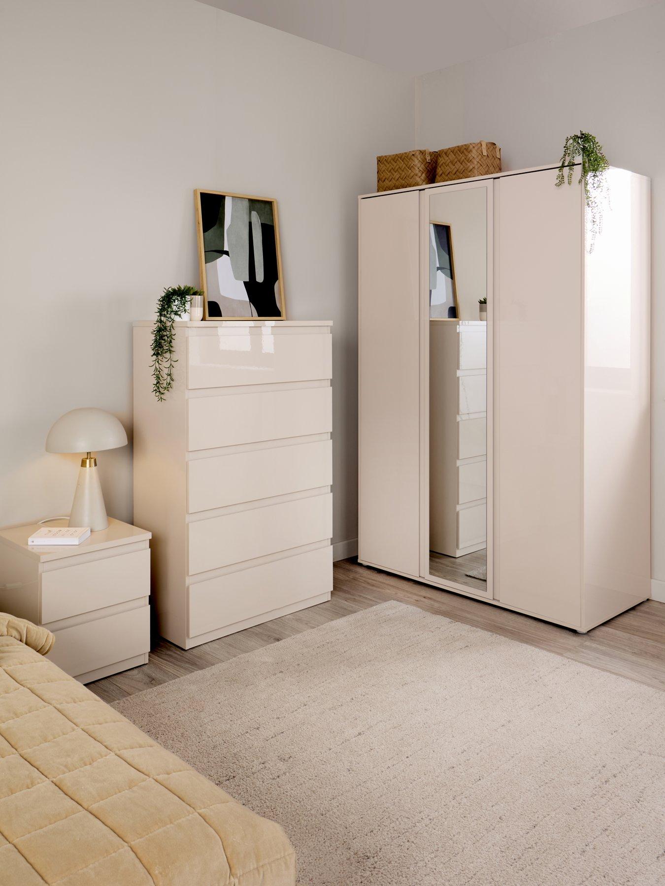 Very Home Layton Gloss Bedroom Furniture Package 3 Door Wardrobe, 5 Drawer Chest and 2 Drawer Bedside Chest