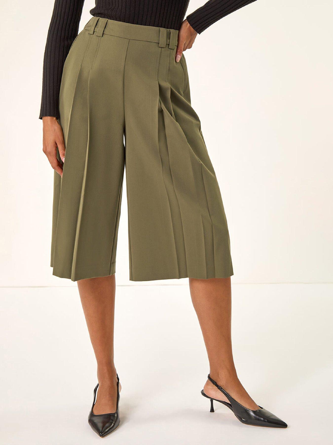 Roman Pleat Front Stretch Culottes - Olive