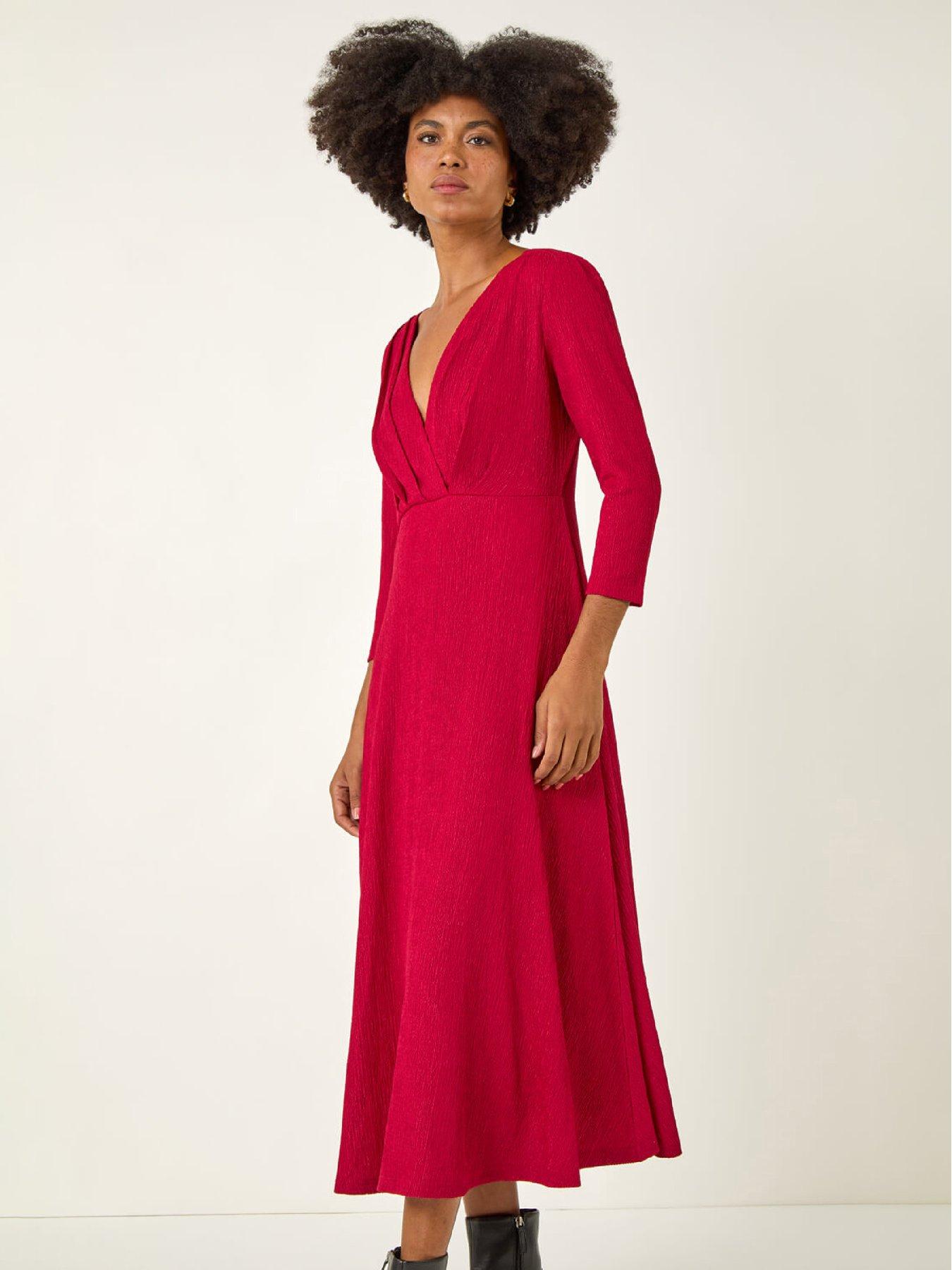 Image 3 of 5 of Roman Textured Wrap Midi Dress - Wine