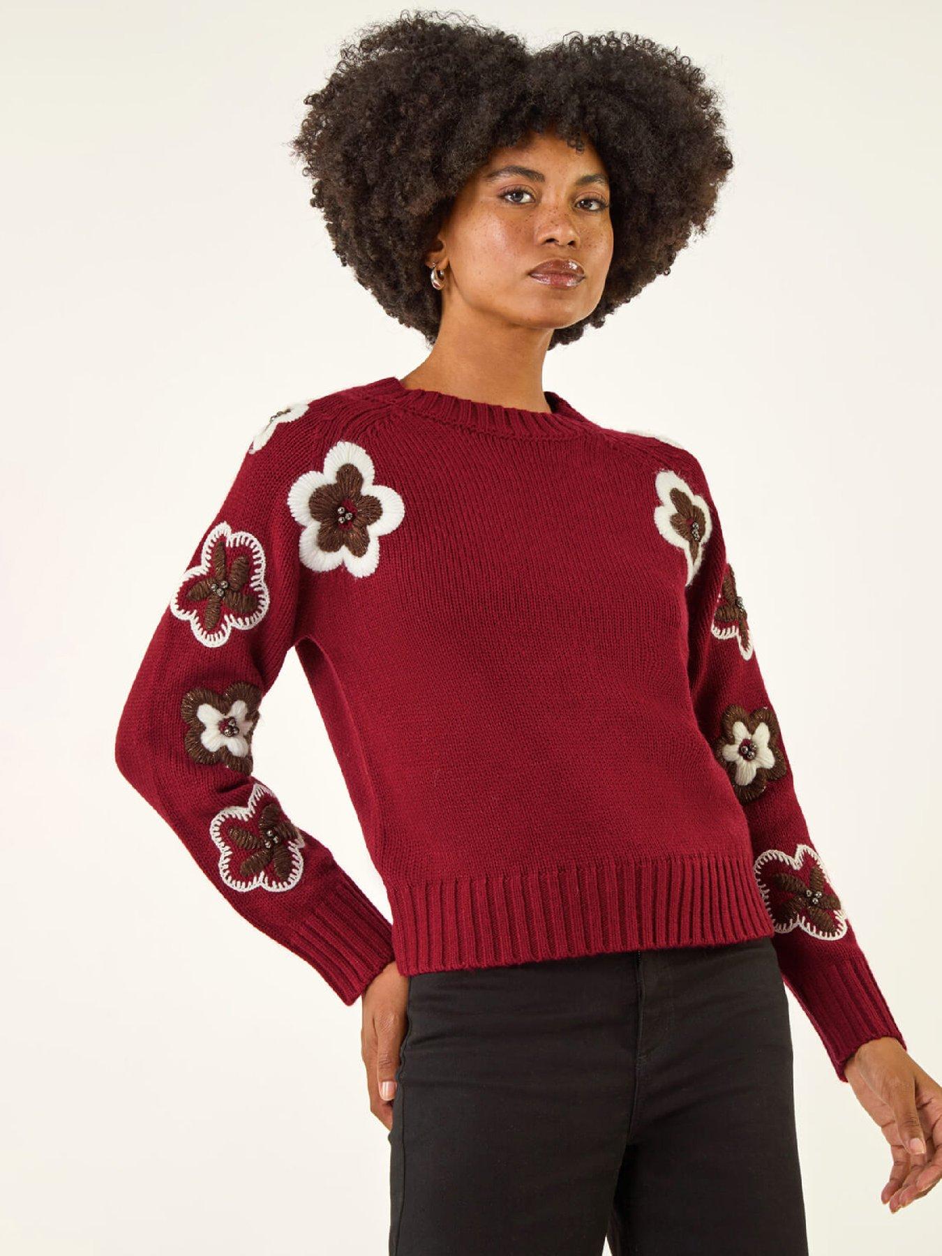 Roman Embellished Crew Neck Knit Jumper - Maroon