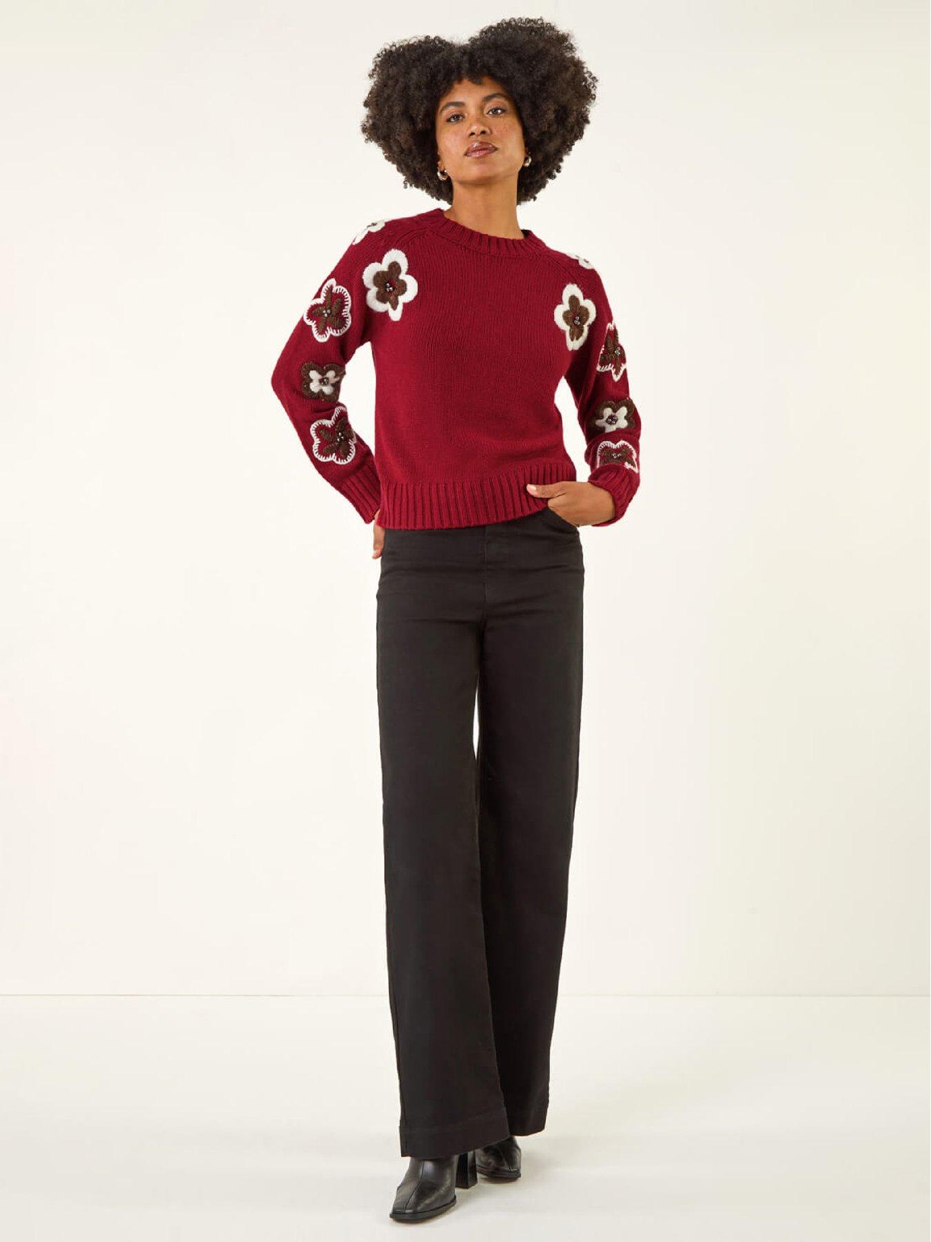 Roman Embellished Crew Neck Knit Jumper - Maroon | Very