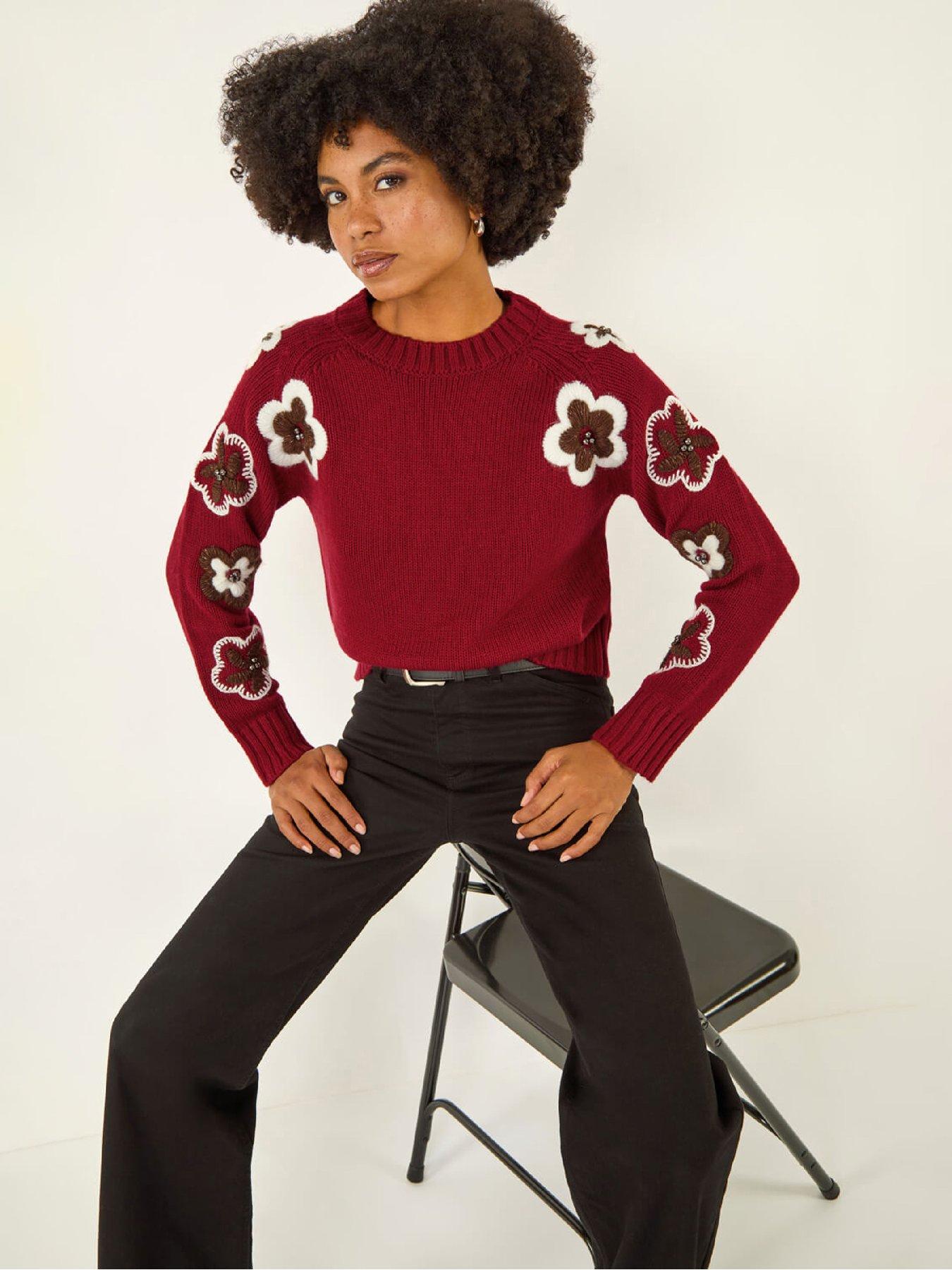 Roman Embellished Crew Neck Knit Jumper - Maroon | Very