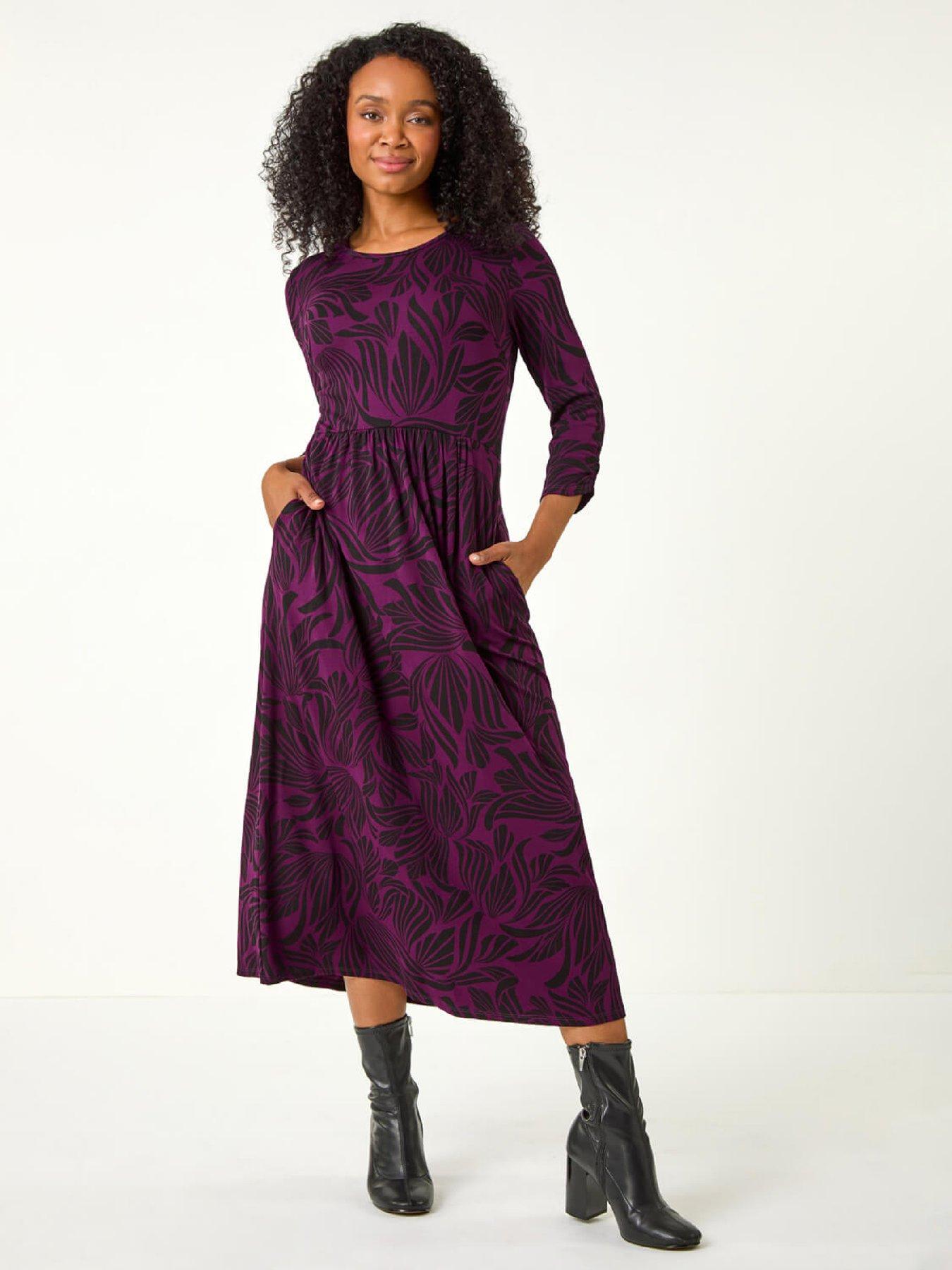 Roman Petite Swirl Print Stretch Midi Dress - Magenta