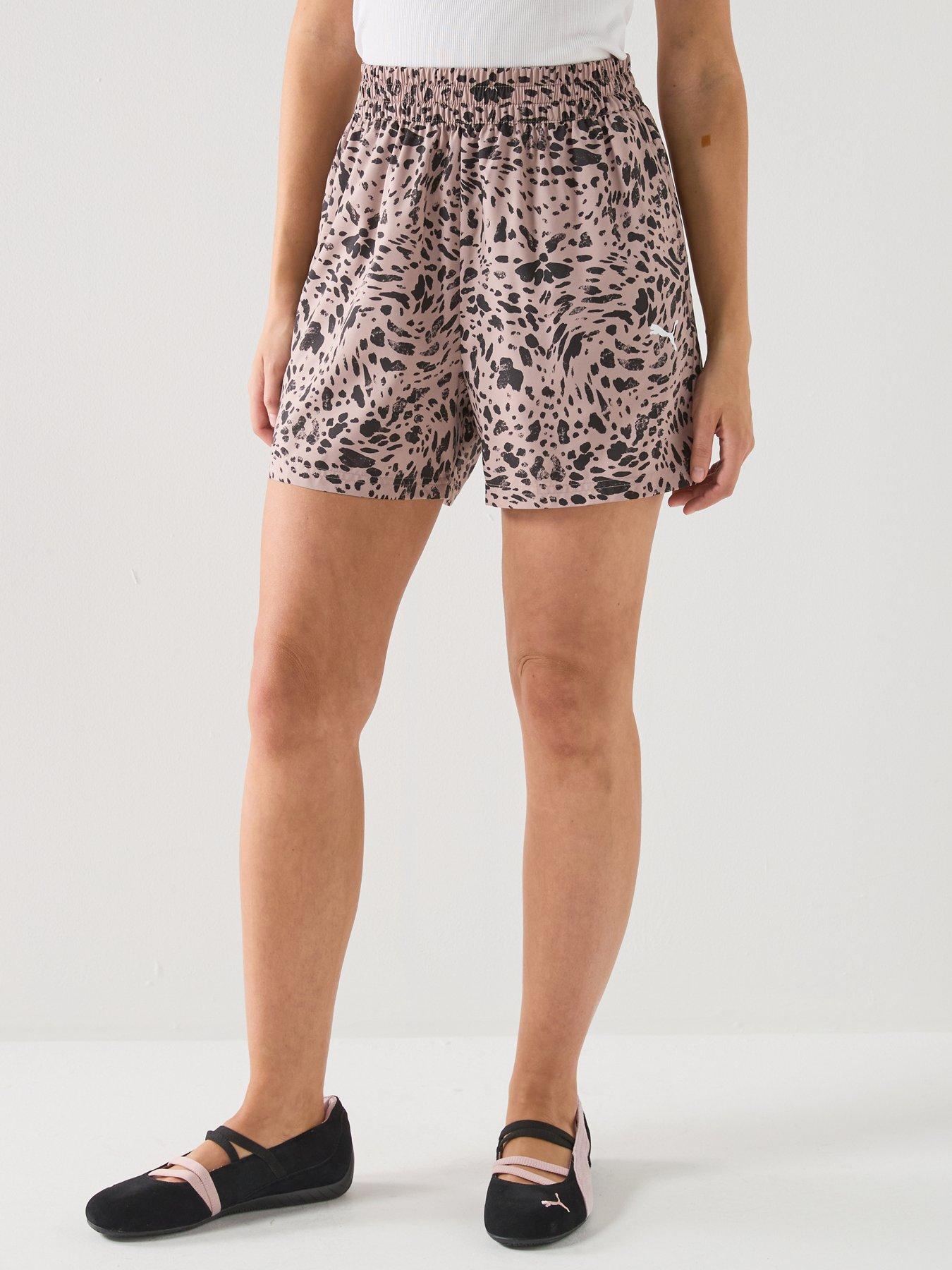 Puma Womens Essential Graphic Animal High-Rise Woven Shorts - Beige