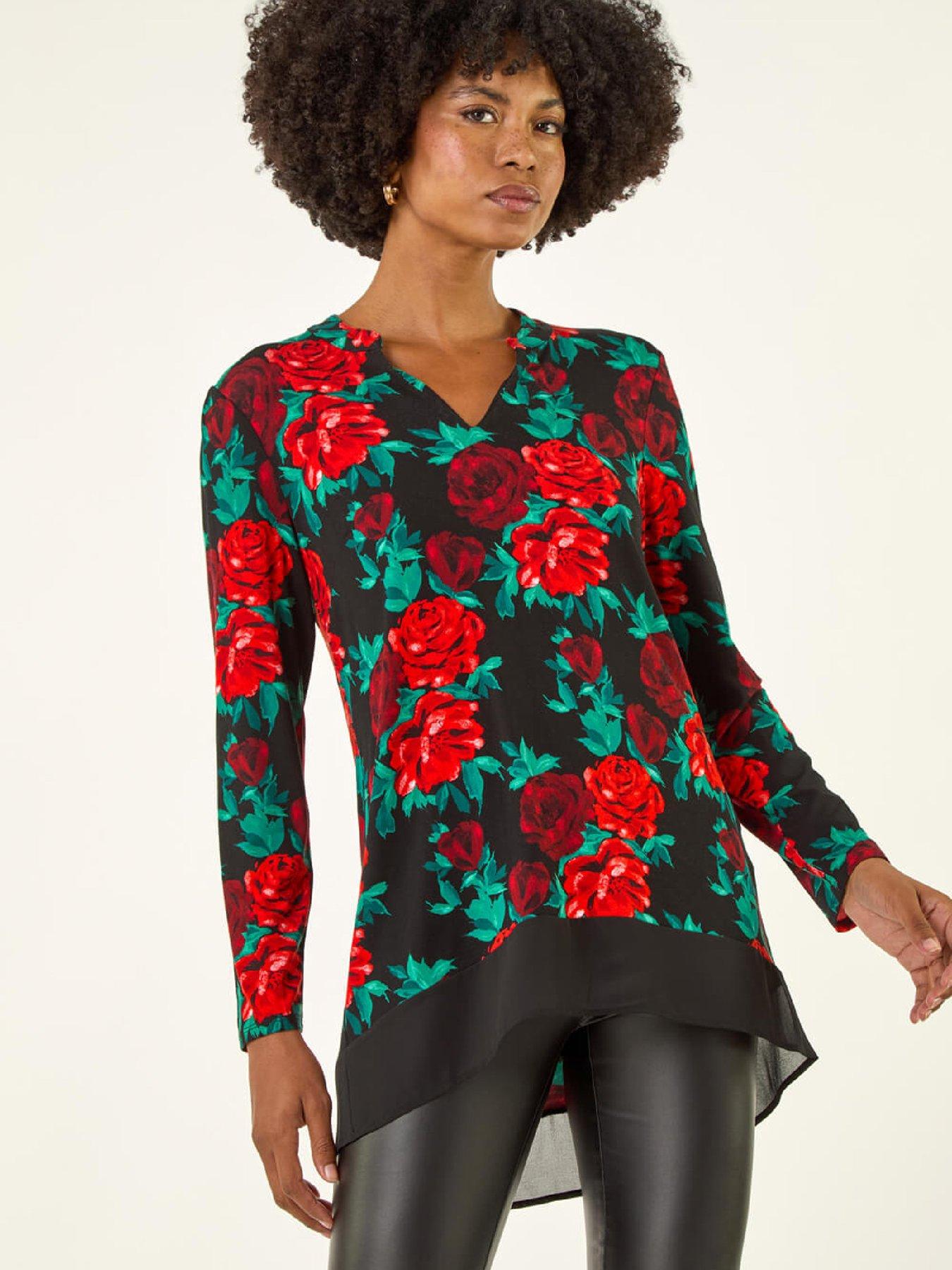 Image 1 of 5 of Roman Floral Print V-neck Chiffon Top - Red