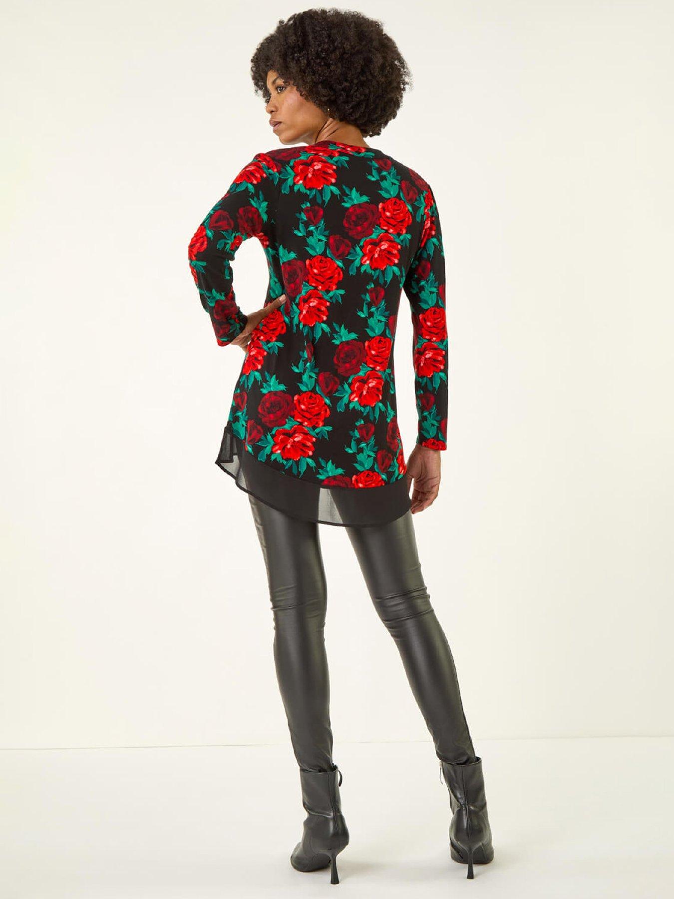 Image 2 of 5 of Roman Floral Print V-neck Chiffon Top - Red