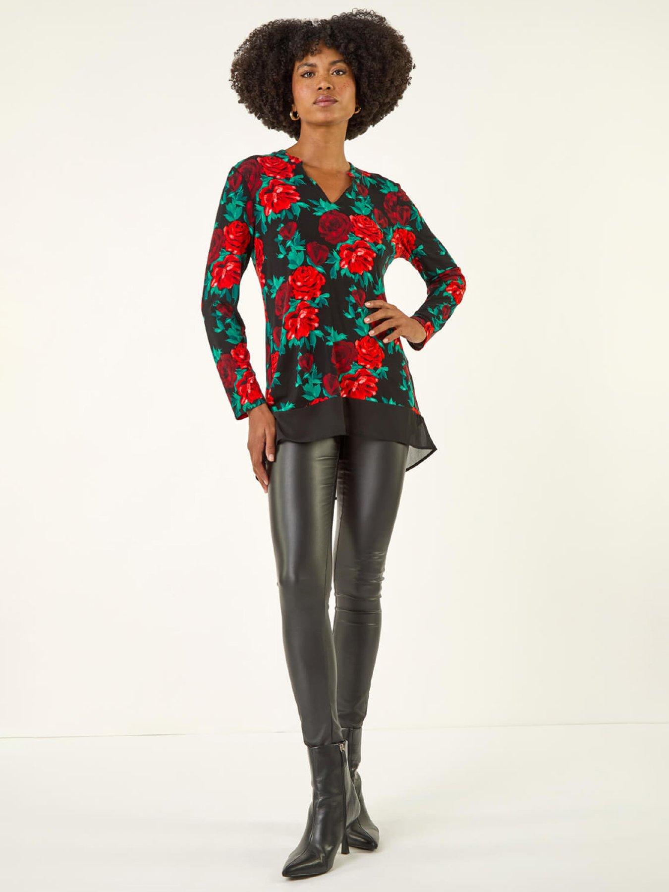 Image 3 of 5 of Roman Floral Print V-neck Chiffon Top - Red