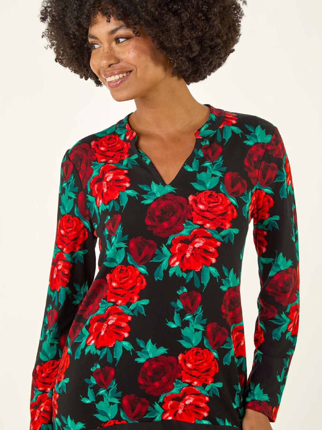 Image 4 of 5 of Roman Floral Print V-neck Chiffon Top - Red