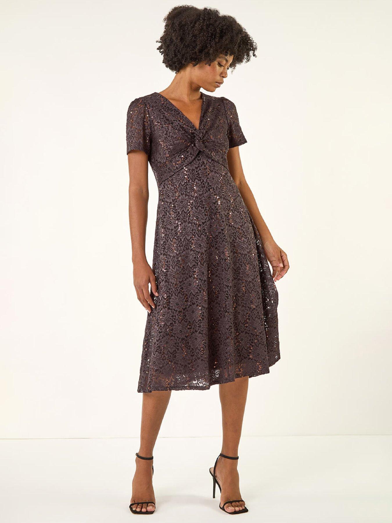 Roman Sequin Lace Twist Front Midi Dress - Chocolate