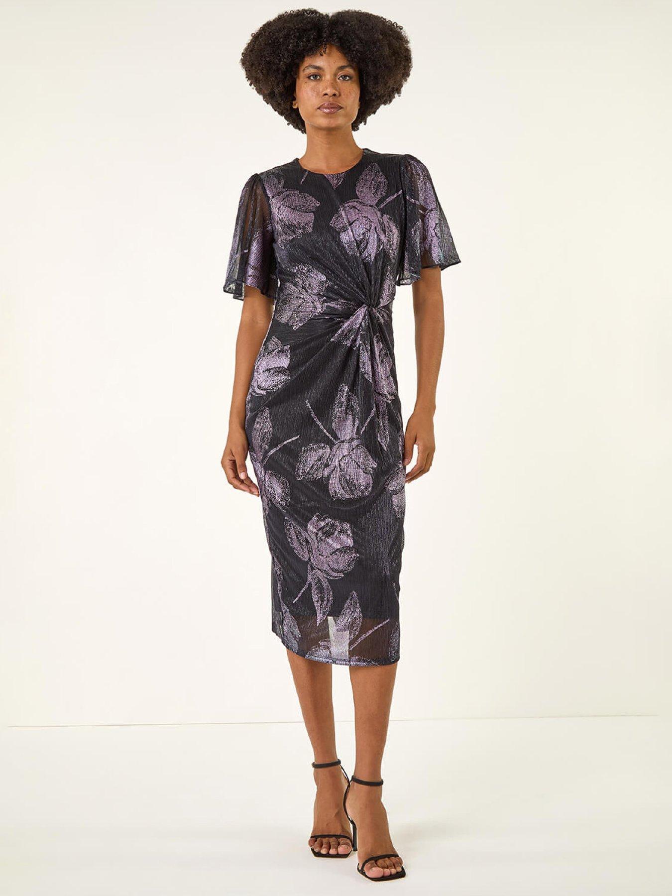 Image 1 of 5 of Roman Foil Print Twist Front Stretch Midi Dress - Navy