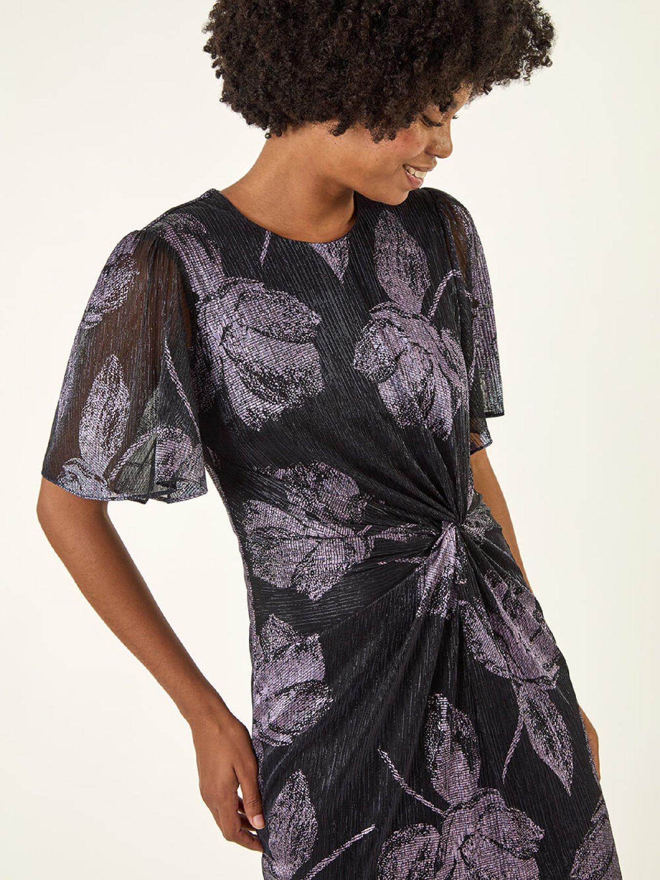 Image 4 of 5 of Roman Foil Print Twist Front Stretch Midi Dress - Navy