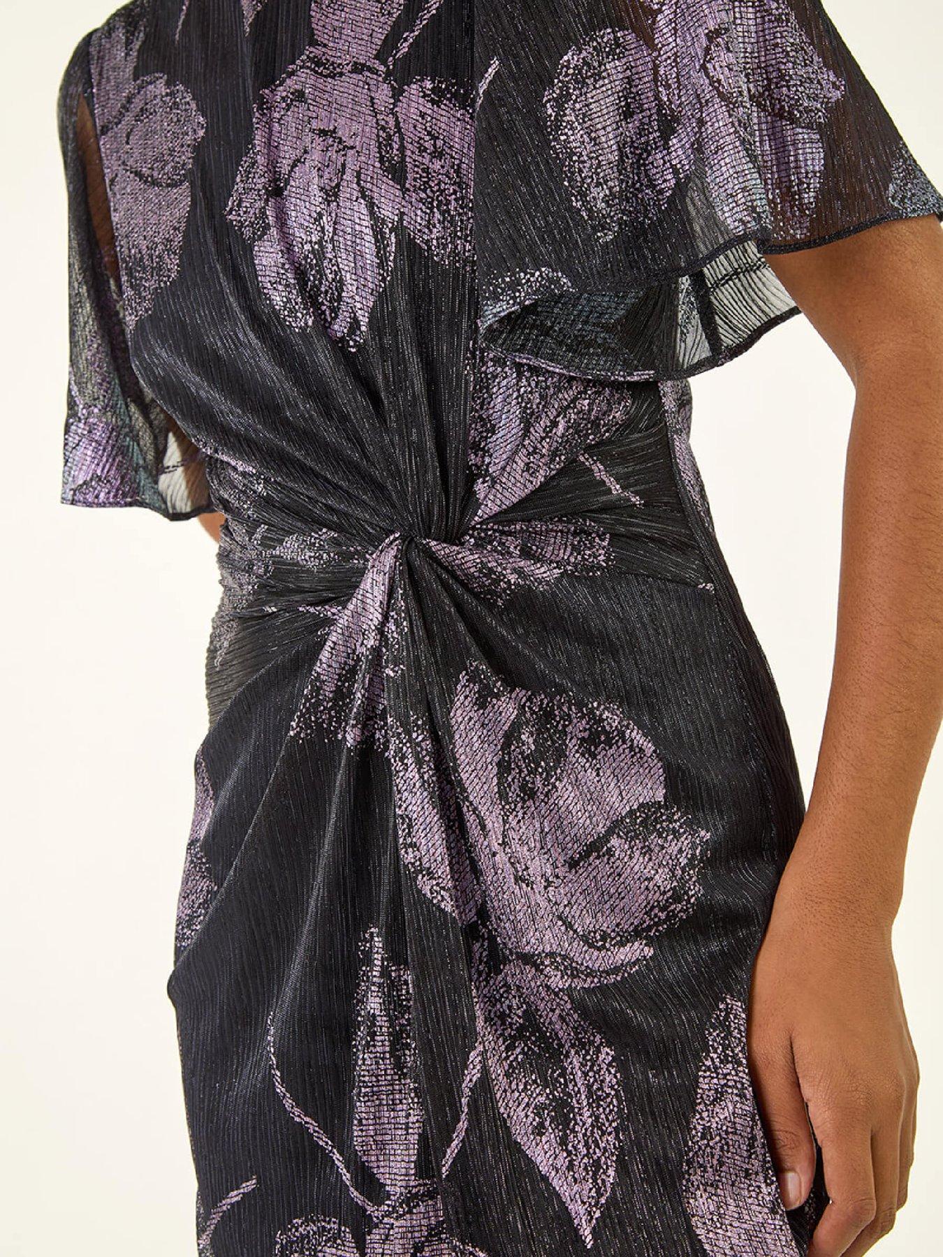 Image 5 of 5 of Roman Foil Print Twist Front Stretch Midi Dress - Navy
