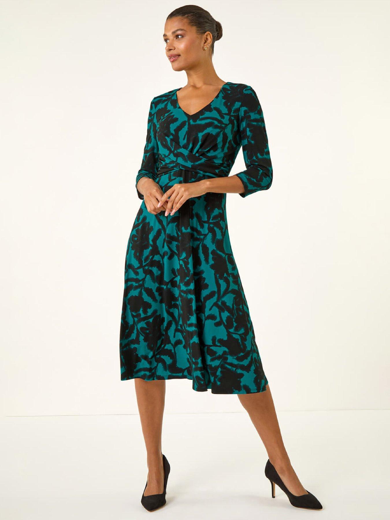 Roman Floral Print Wrap Midi Stretch Dress - Teal